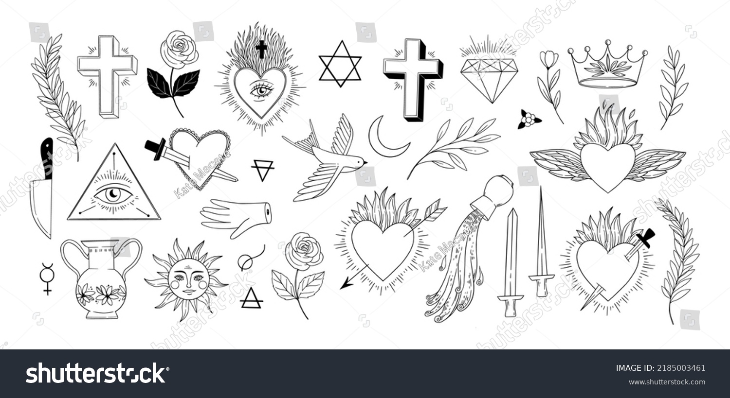 SVG of Linear alchemy design elements. Vintage hearts, all seeing eye, cross, rose, space and botanical elements. Magic and occult illustrations. Old school tattoo. Perfect for logo, cards, prints, packaging svg