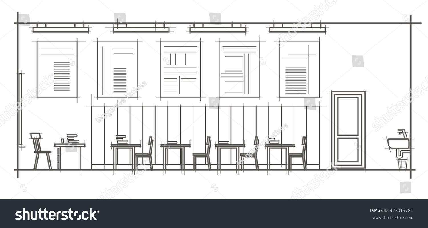 Linear architectural sketch interior classroom front view