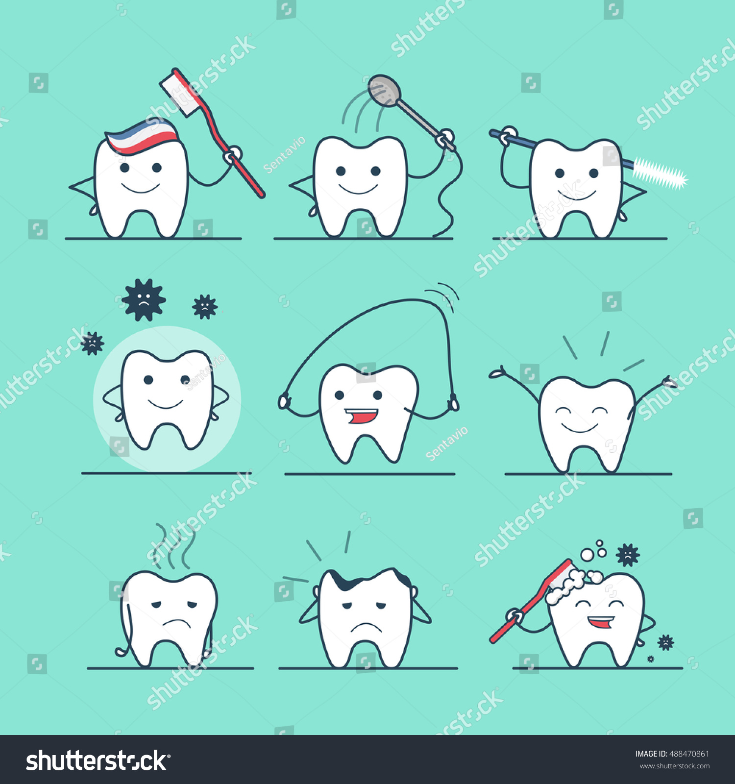 Linear Flat Cute Tooth Character Flossing Stock Vector 488470861 ...