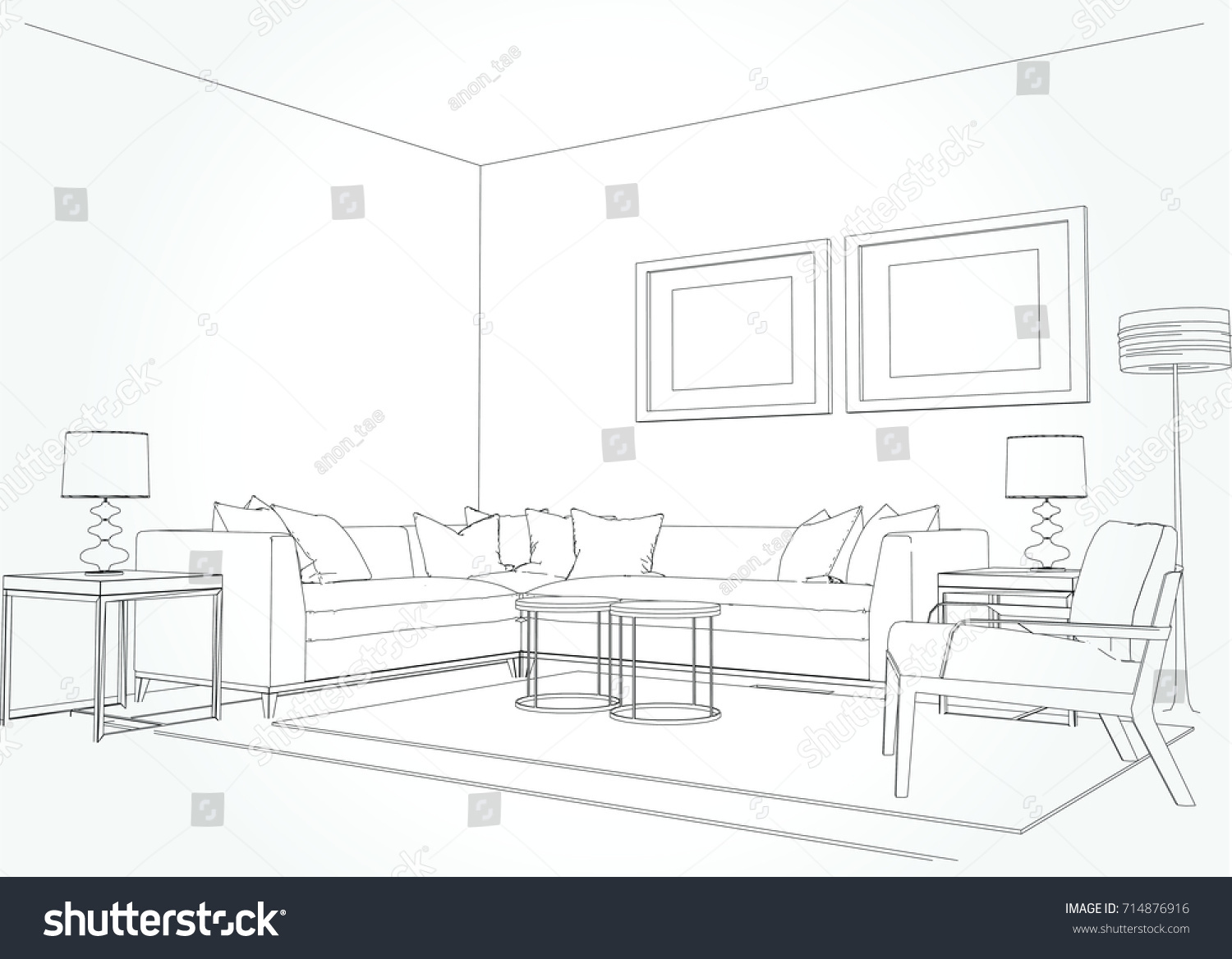 Linear Sketch Interior Living Room Plan Stock Vektorgrafik