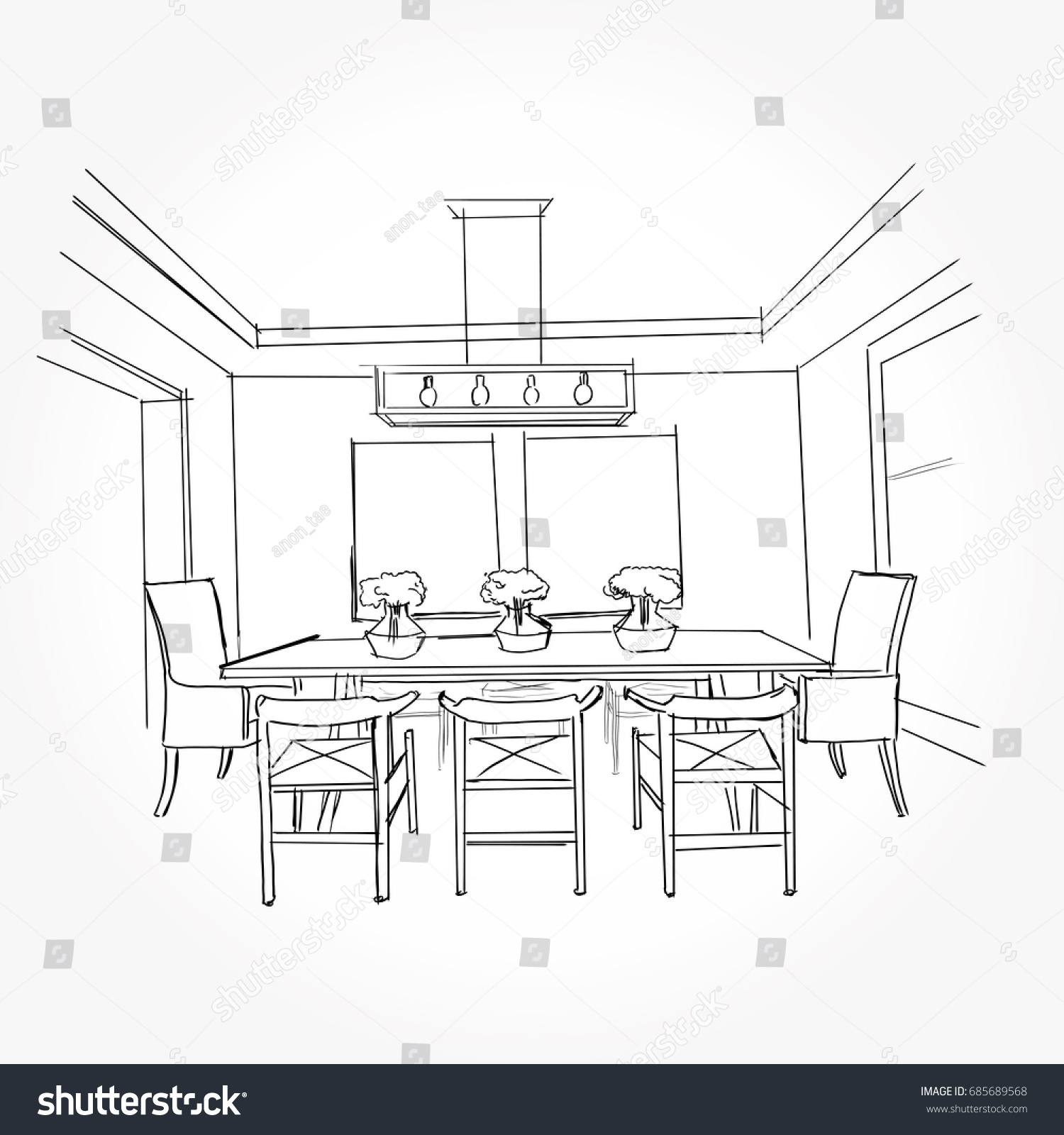 Linear Sketch Interior Sketch Line Dining Stock Vektorgrafik