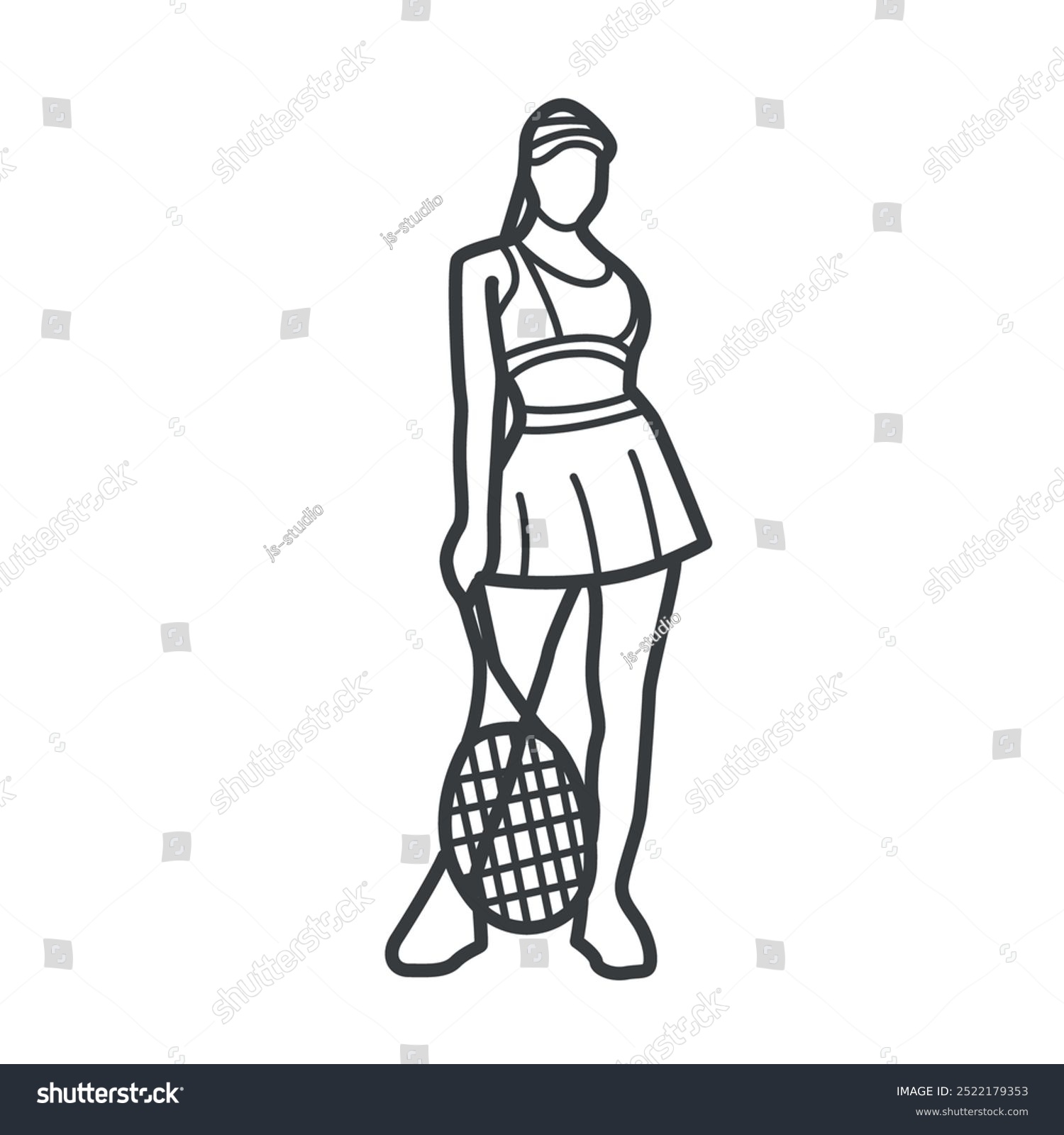 recommend clip art: Linear vector icon of a female tennis player in a skirt and cap. Simple black and white illustration in line art style. Great for sports, tennis, and athlete-related designs.