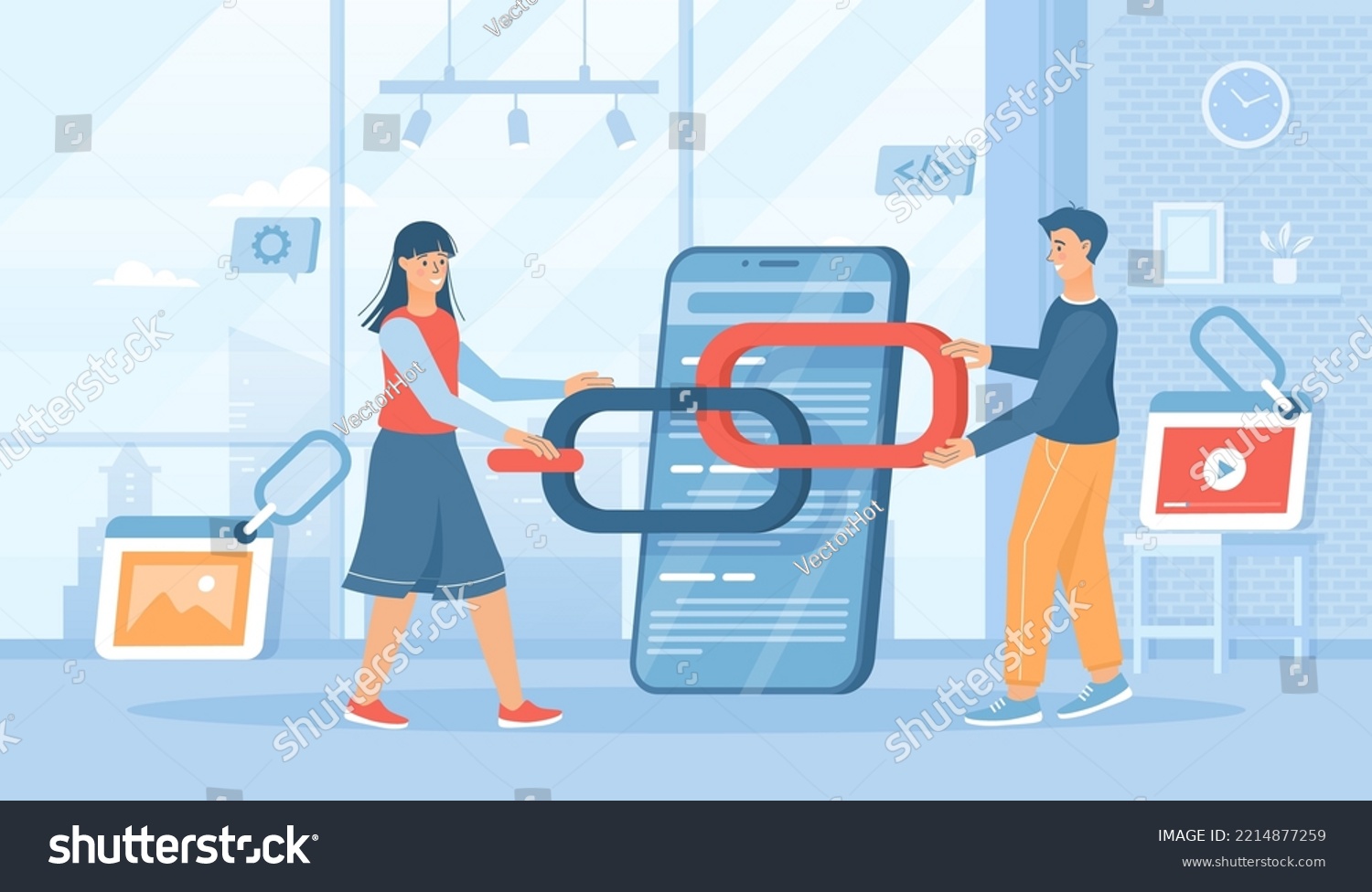 SVG of Link building between website pages. Search engine optimization concept, SEO. People holding chain on bowser window. Flat cartoon vector illustration with people characters for banner, website svg