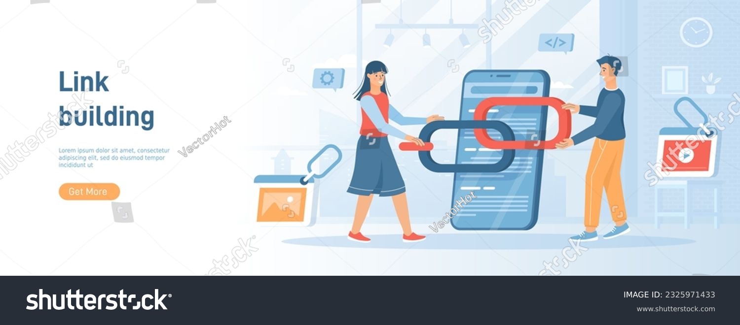 SVG of Link building between website pages. Search engine optimization concept, SEO. People holding chain on bowser window. Flat concept great for social media promotional material. Website banner svg