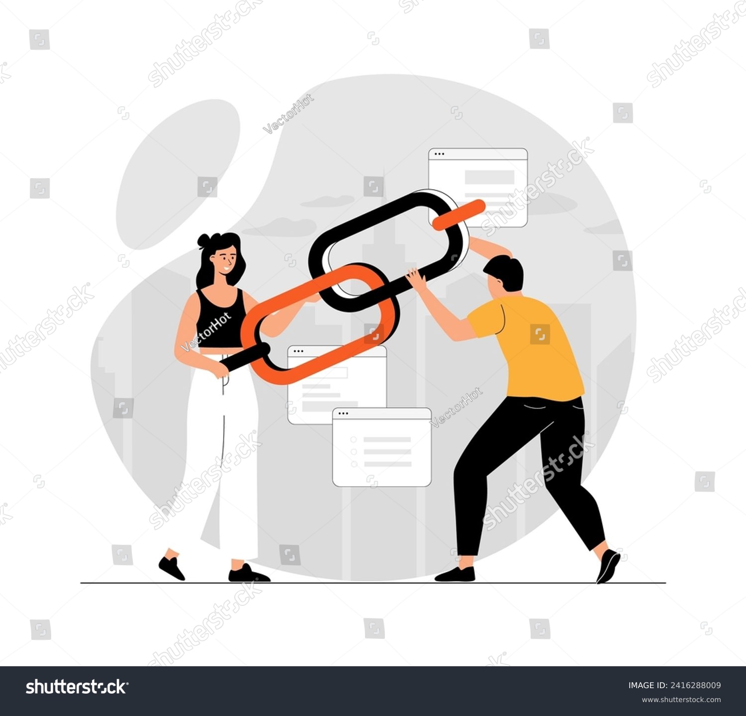 SVG of Link building concept. Search engine optimization, SEO. People holding chain on bowser windows. Illustration with people scene in flat design for website and mobile development.	
 svg
