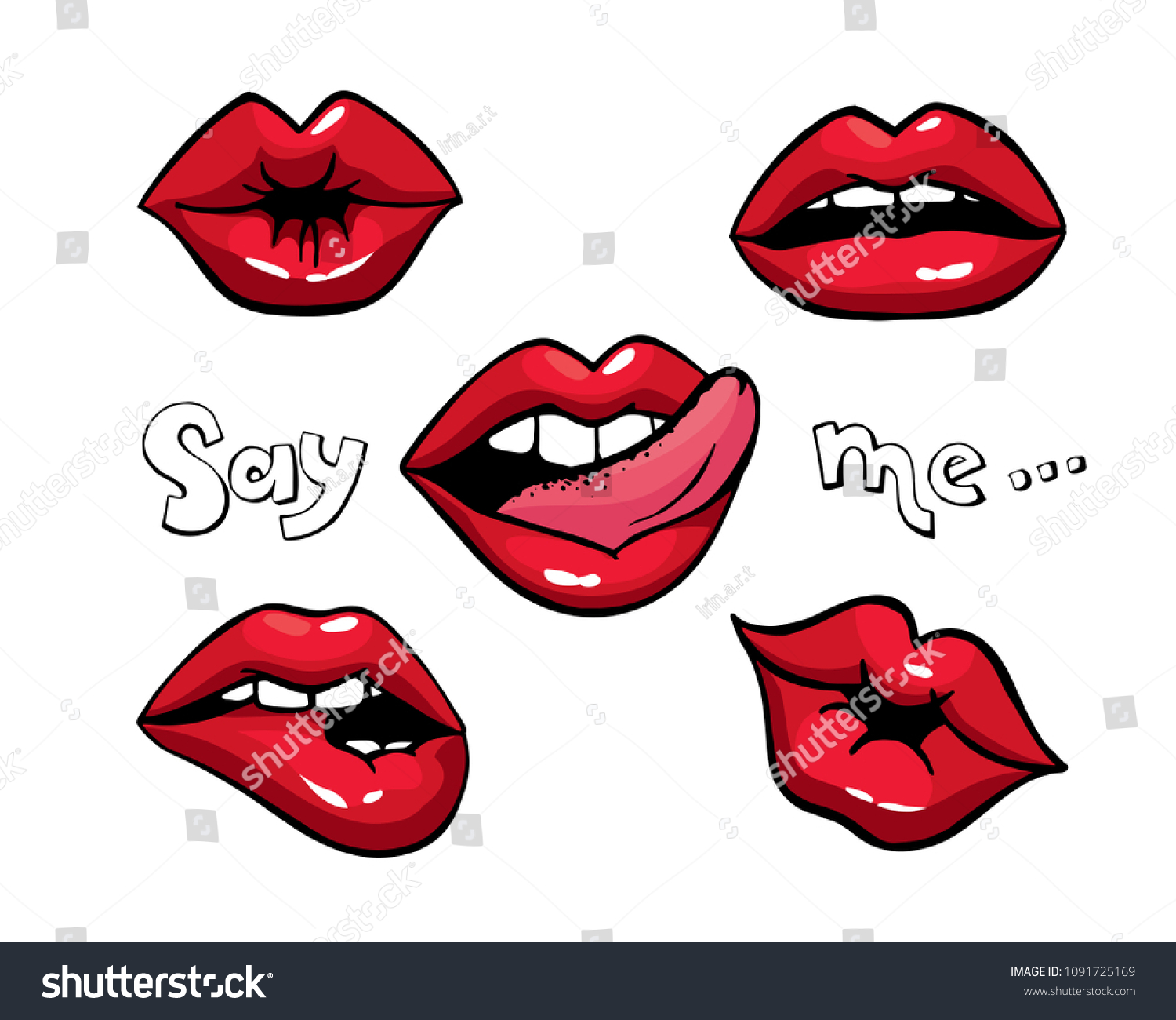 Lipsパッチコレクション 笑顔 キス 口の半開き 噛む唇 唇をなめる 舌を出すなど 異なる感情を表すセクシーな落書き風女性の唇のベクターイラスト 白い背景に セックス のベクター画像素材 ロイヤリティフリー
