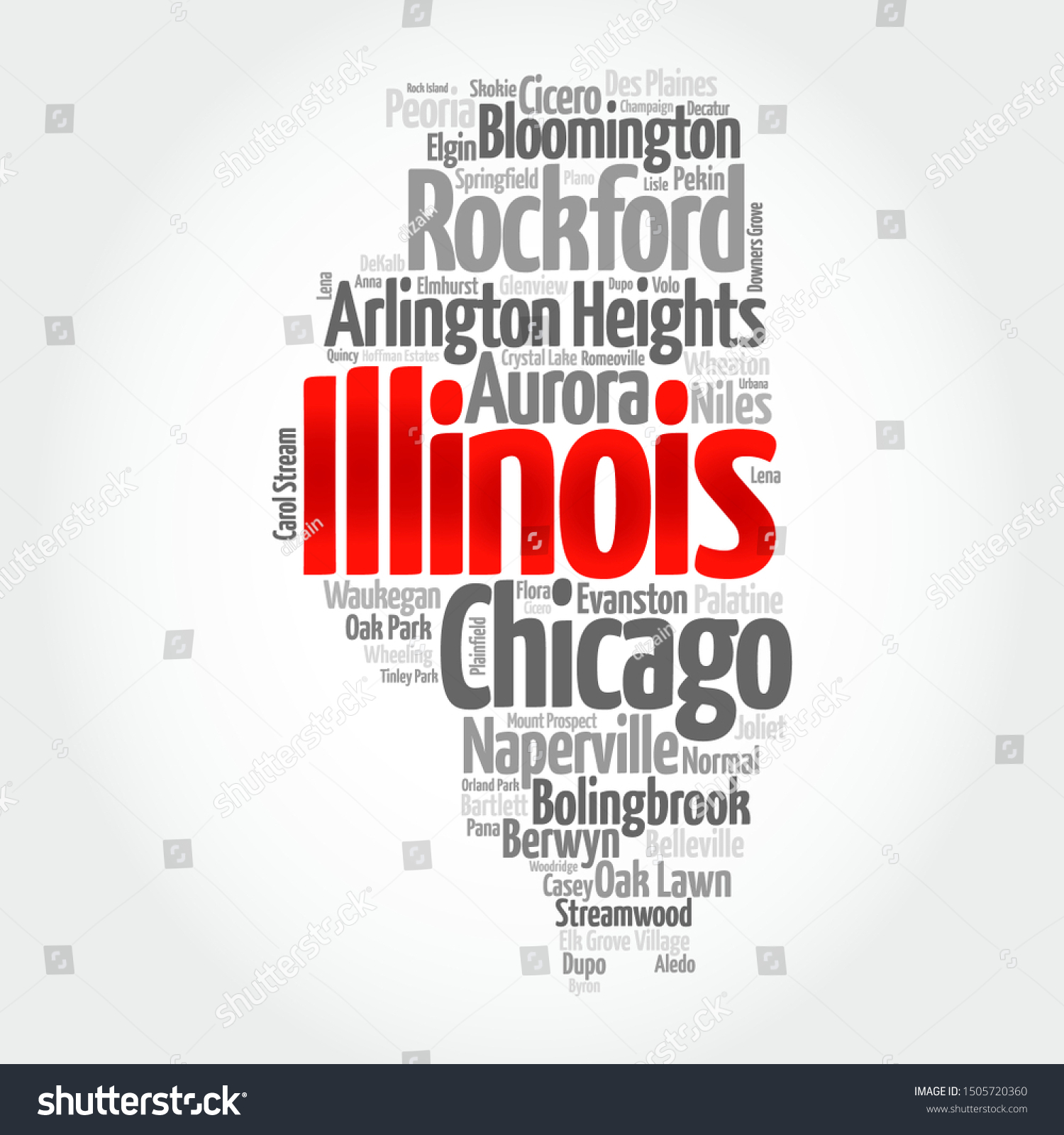 SVG of List of cities in Illinois USA state, map silhouette word cloud map concept svg