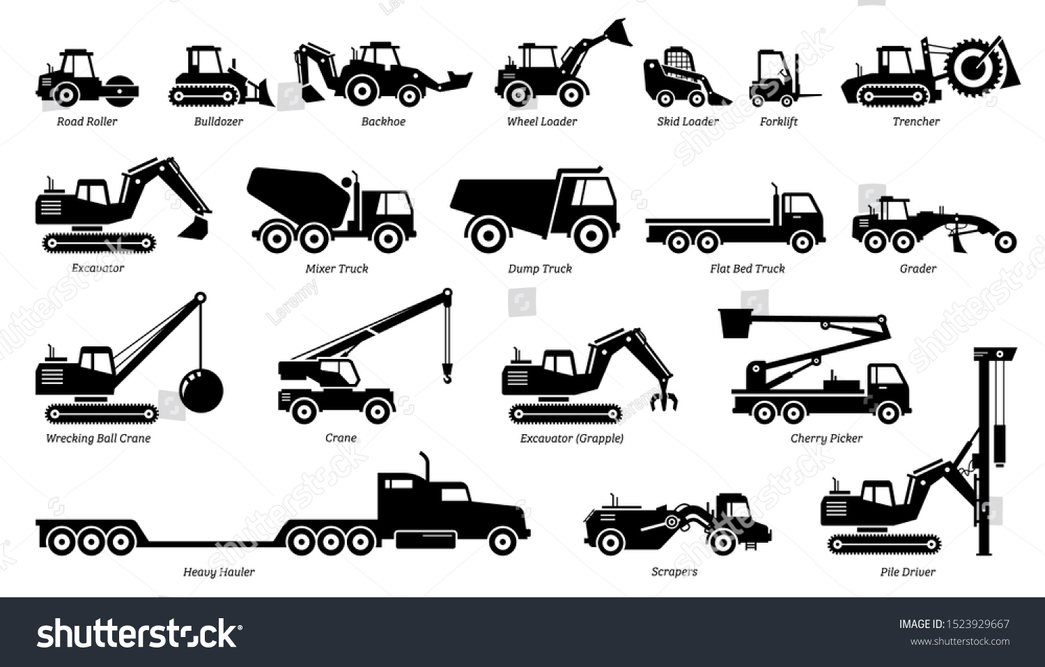 SVG of List of construction vehicles, tractors, and heavy machinery icons. Sideview artwork of construction and industrial vehicles, road roller, bulldozer, backhoe, excavator, dump truck, and crane. svg