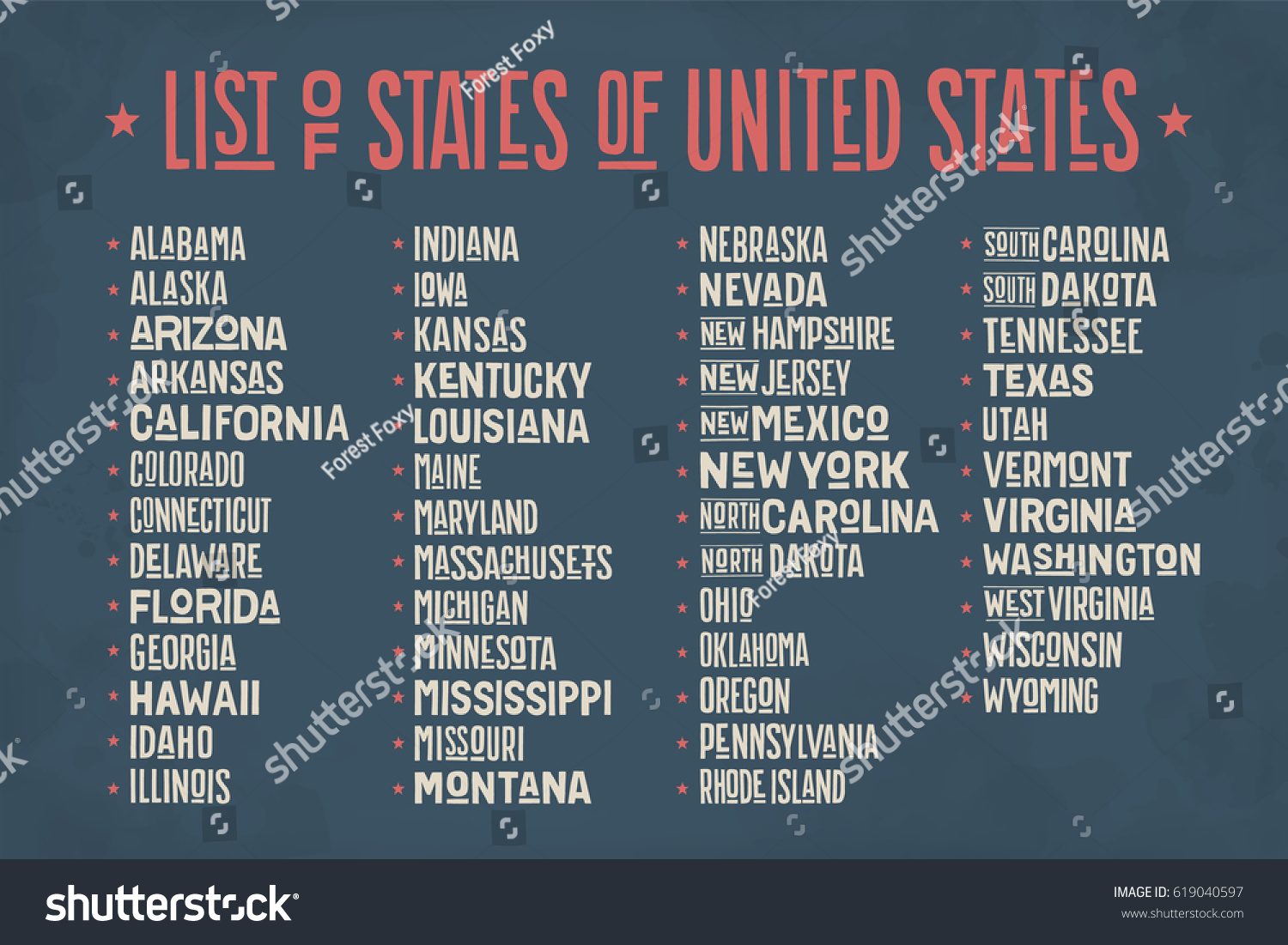 List States United States America State Stock Vector Royalty Free 619040597