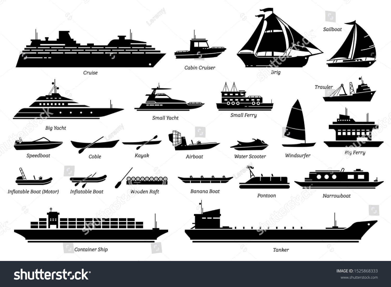 SVG of List of water transportation, ships, and boats icon set. Artwork of cruise, brig, sailboat, yacht ferry, trawler, inflatable, speedboat, water scooter, windsurfer, pontoon, container ship, and tanker. svg
