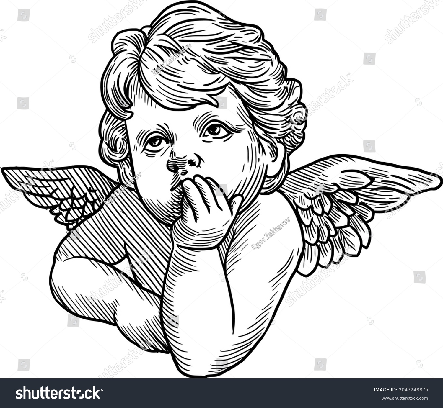 SVG of little angel cupid vector retro style engraving black and white line. sad angel eps svg
