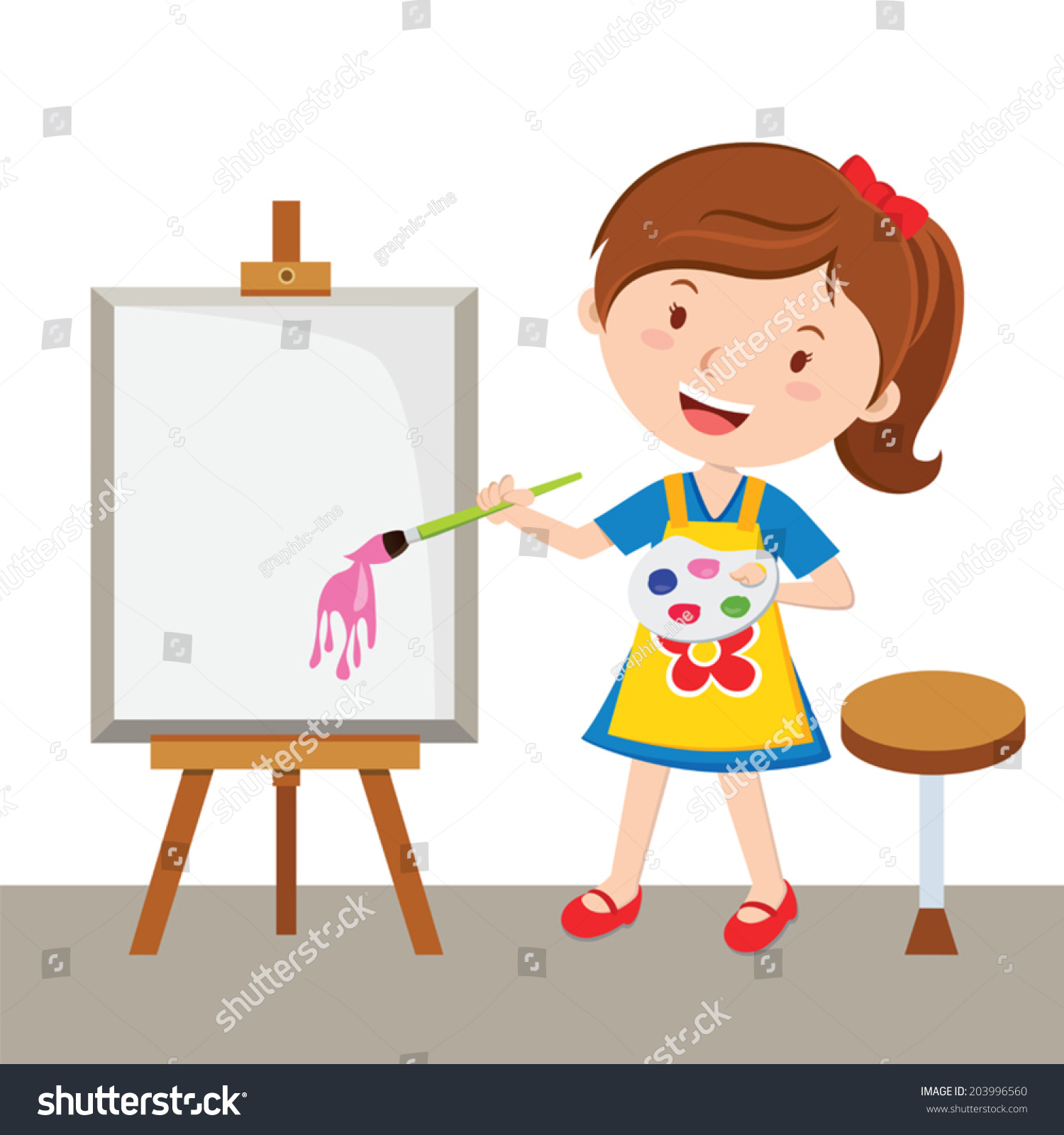 Little Artist. Vector Illustration Of A Little Girl Painting With Color ...