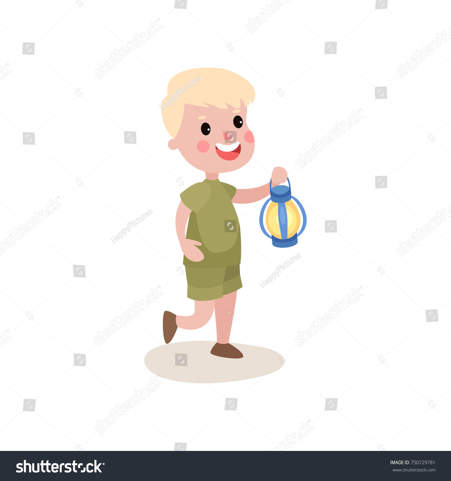 SVG of Little blond kid walking with coleman lantern in his hand, summer camp activities svg