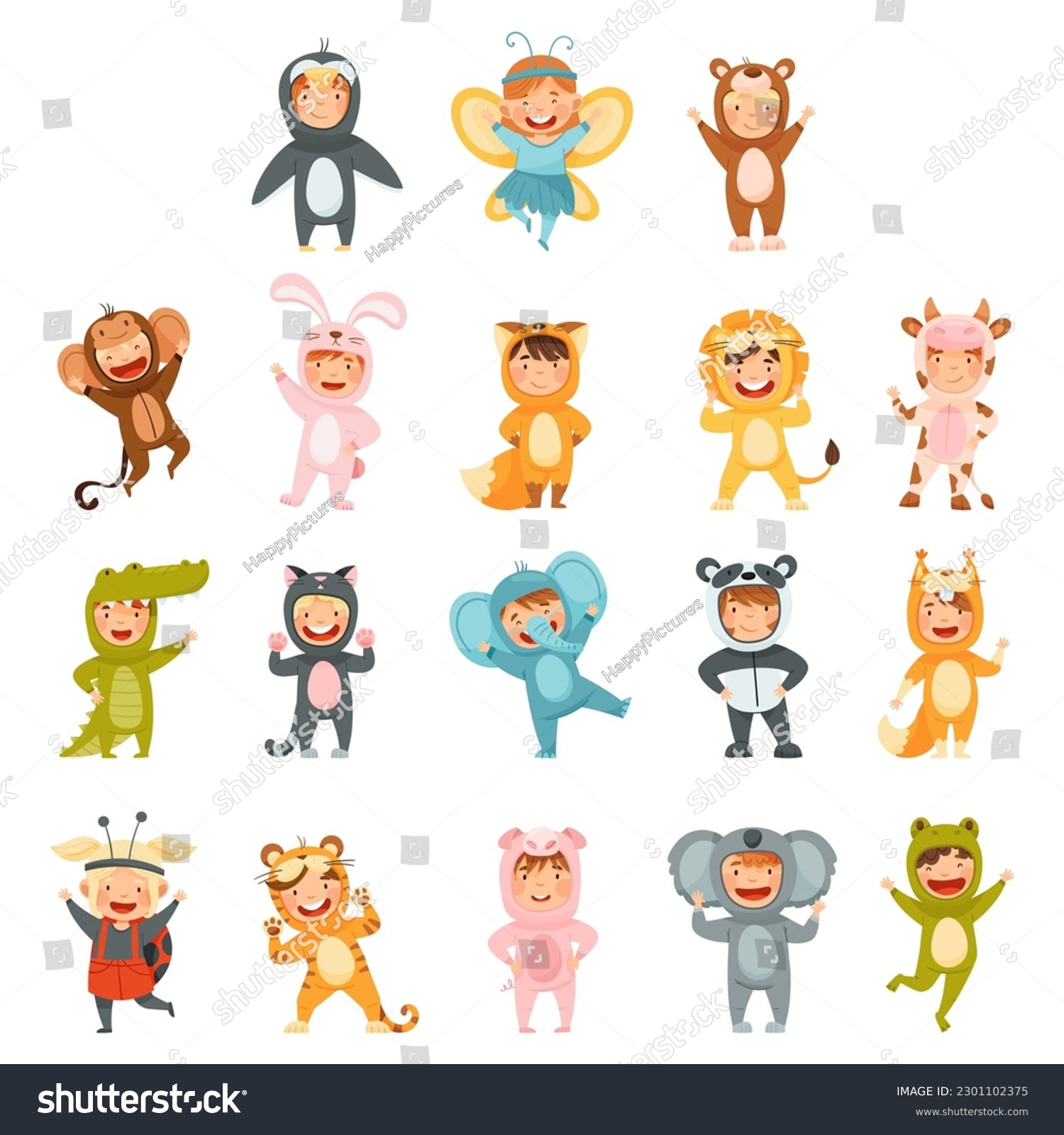 SVG of Little Boy and Girl Wearing Animal Costumes Waving Hand and Having Fun Big Vector Set svg