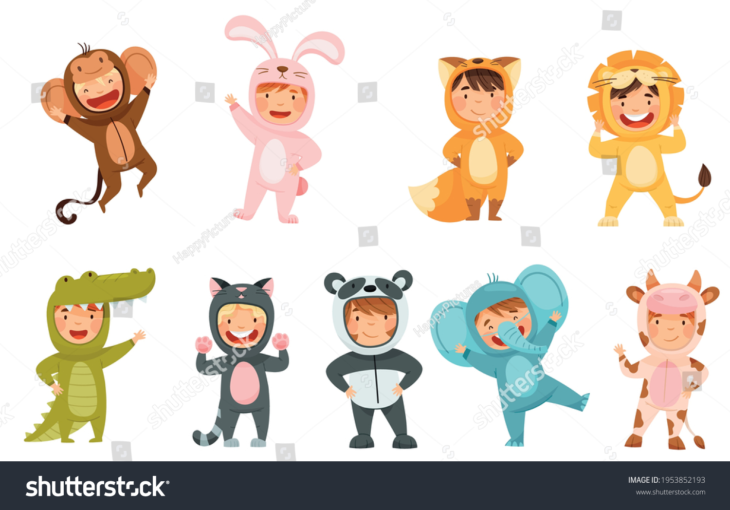 SVG of Little Boy and Girl Wearing Animal Costumes Waving Hand and Having Fun Vector Set svg