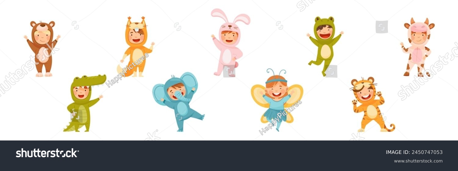 SVG of Little Boy and Girl Wearing Animal Costumes Waving Hand and Having Fun Vector Set svg