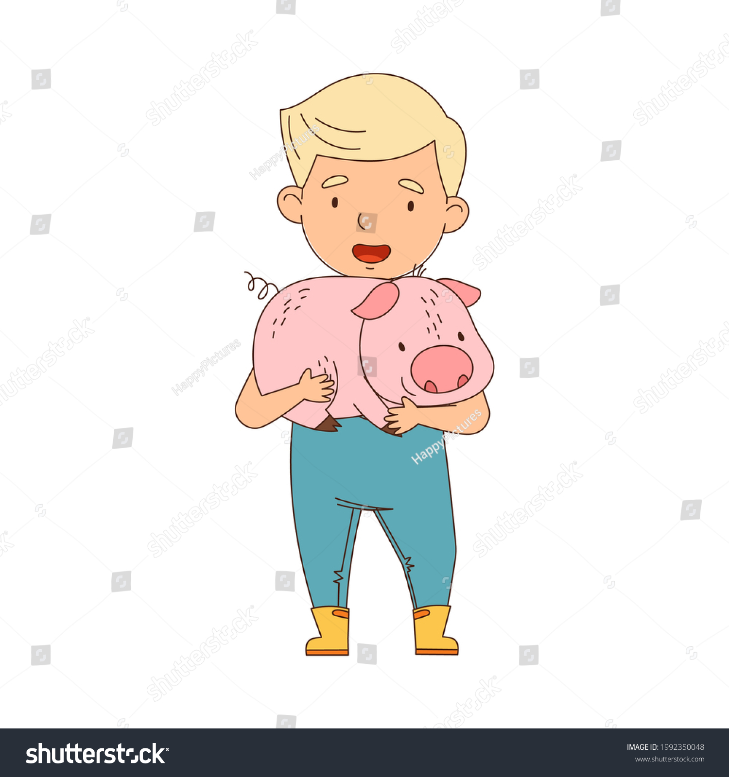 Little Boy Overall Holding Pig Arms Stock Vector Royalty Free