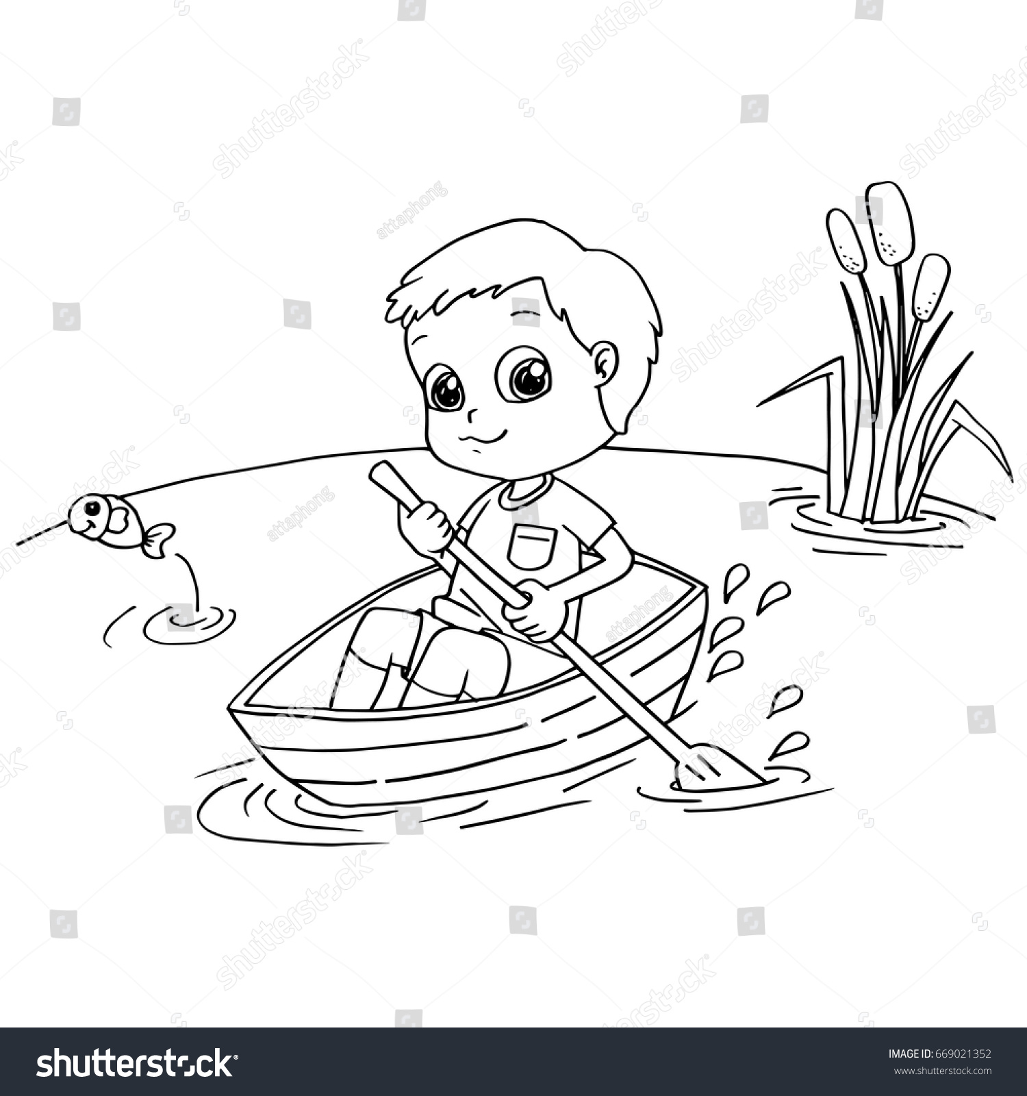 Little Boy Rowing Boat Coloring Page Stock Vector 669021352 - Shutterstock