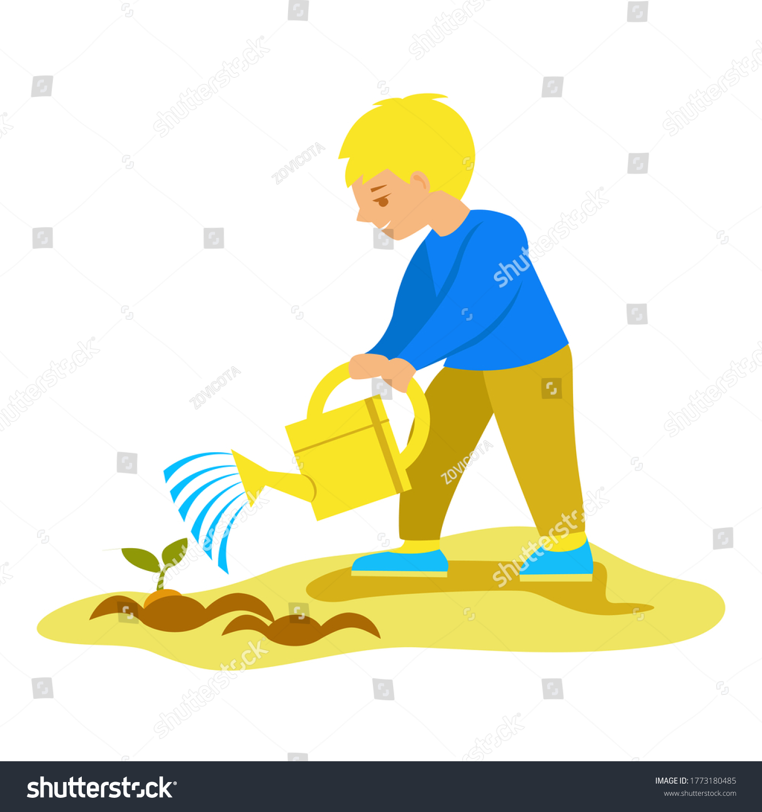 Little Boy Watering Sprout Watering Can Stock Vector (royalty Free 