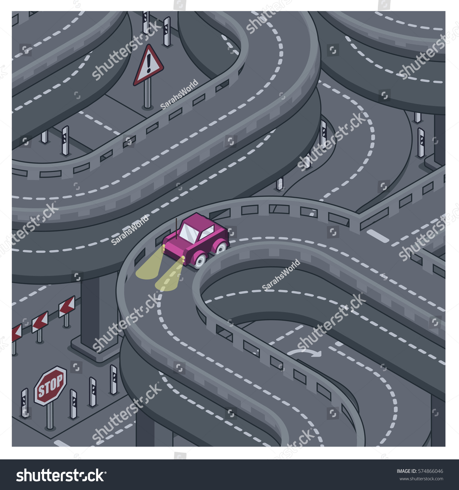 Little Car Driving Headlights Middle Stock Vector Royalty Free Little car driving with headlights on in the middle of the night on highway isometric