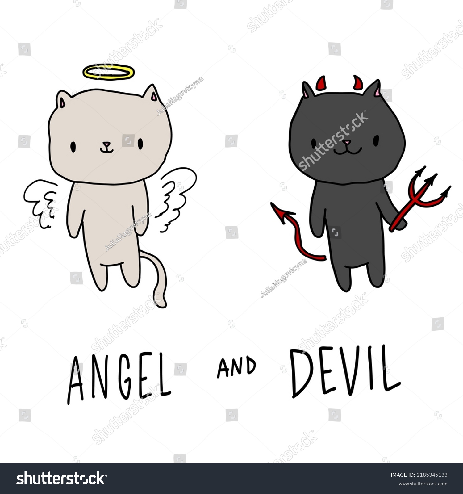 SVG of Little cute white and black cat with text angel, devil. Child cartoon character on an isolated background. Baby print, banner, brochure. svg