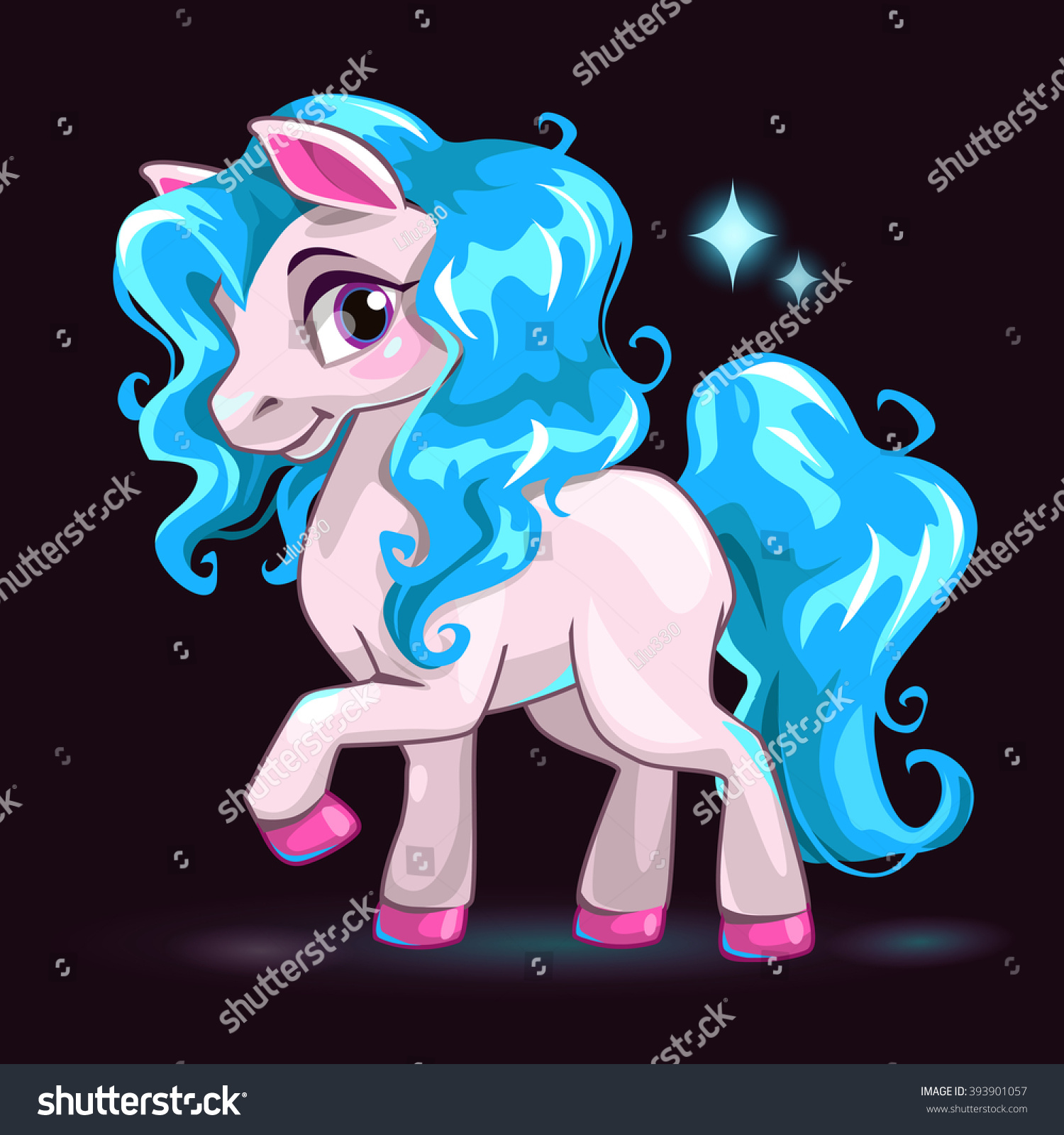 SVG of Little cute white cartoon horse with blue hair on dark background, beautiful baby pony princess, girlish vector illustration svg