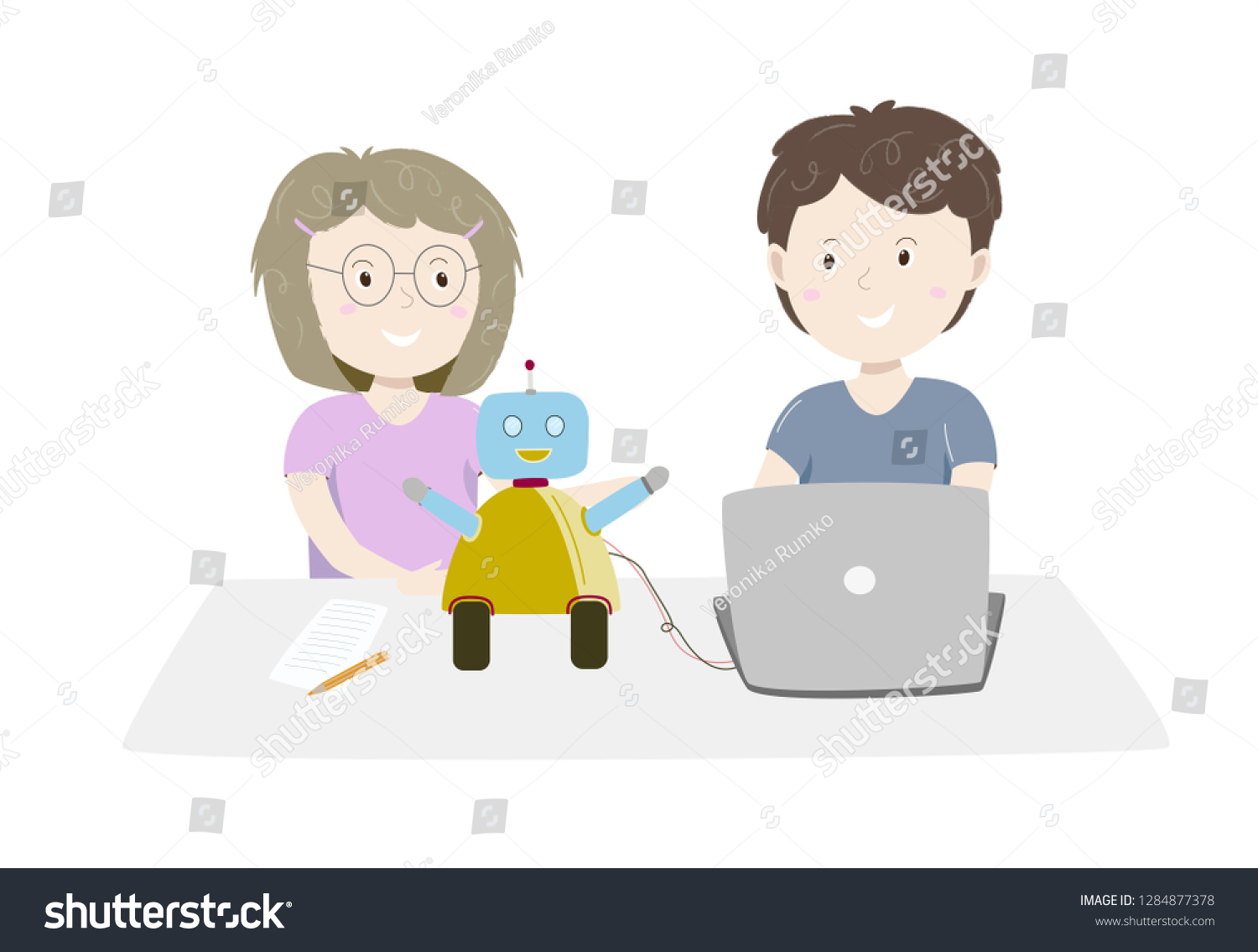 Little Girl Boy Making Programming Cute Stock Vector (Royalty Free ...