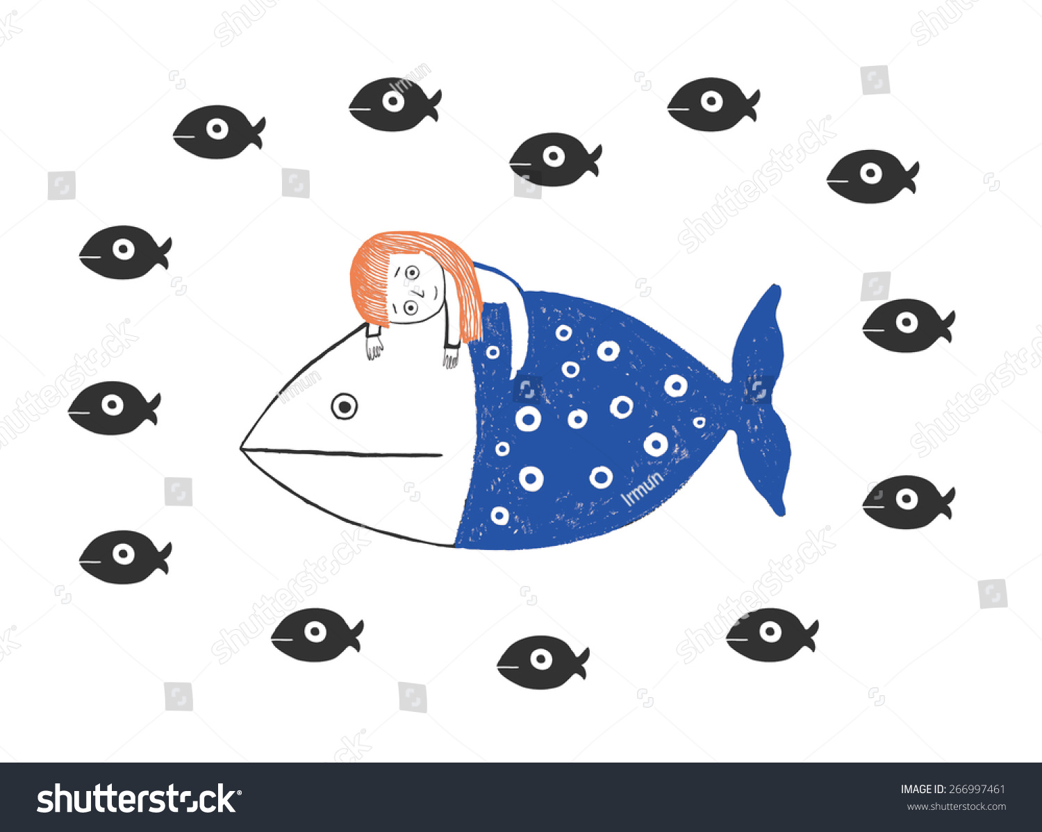 SVG of Little girl and fishes in the sea, hand drawn vector illustration svg