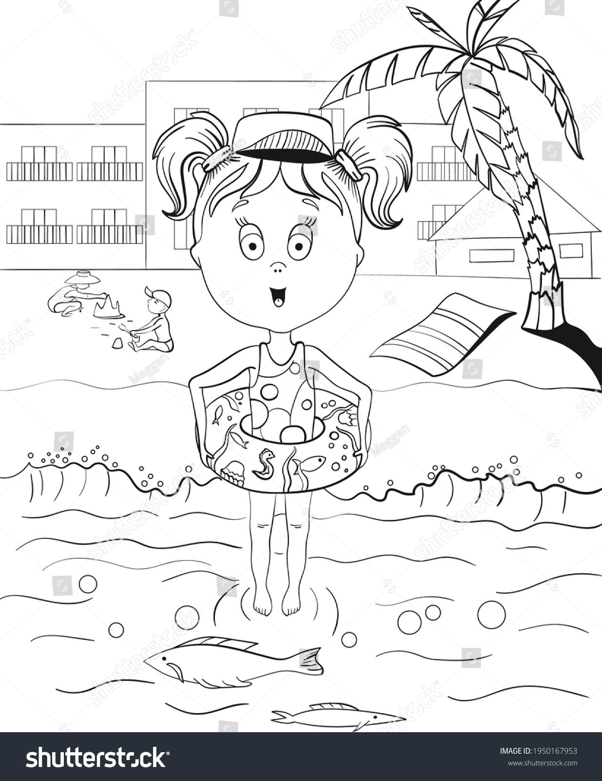 Little Girl Sea During Vacation Contour Stock Vector (Royalty Free ...