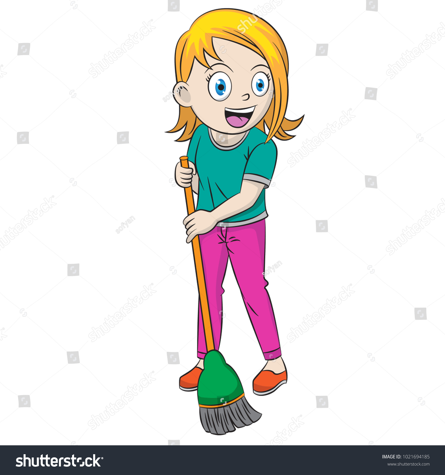 Little Girl Cartoon Sweeping Floor Flat Stock Vector Royalty Free
