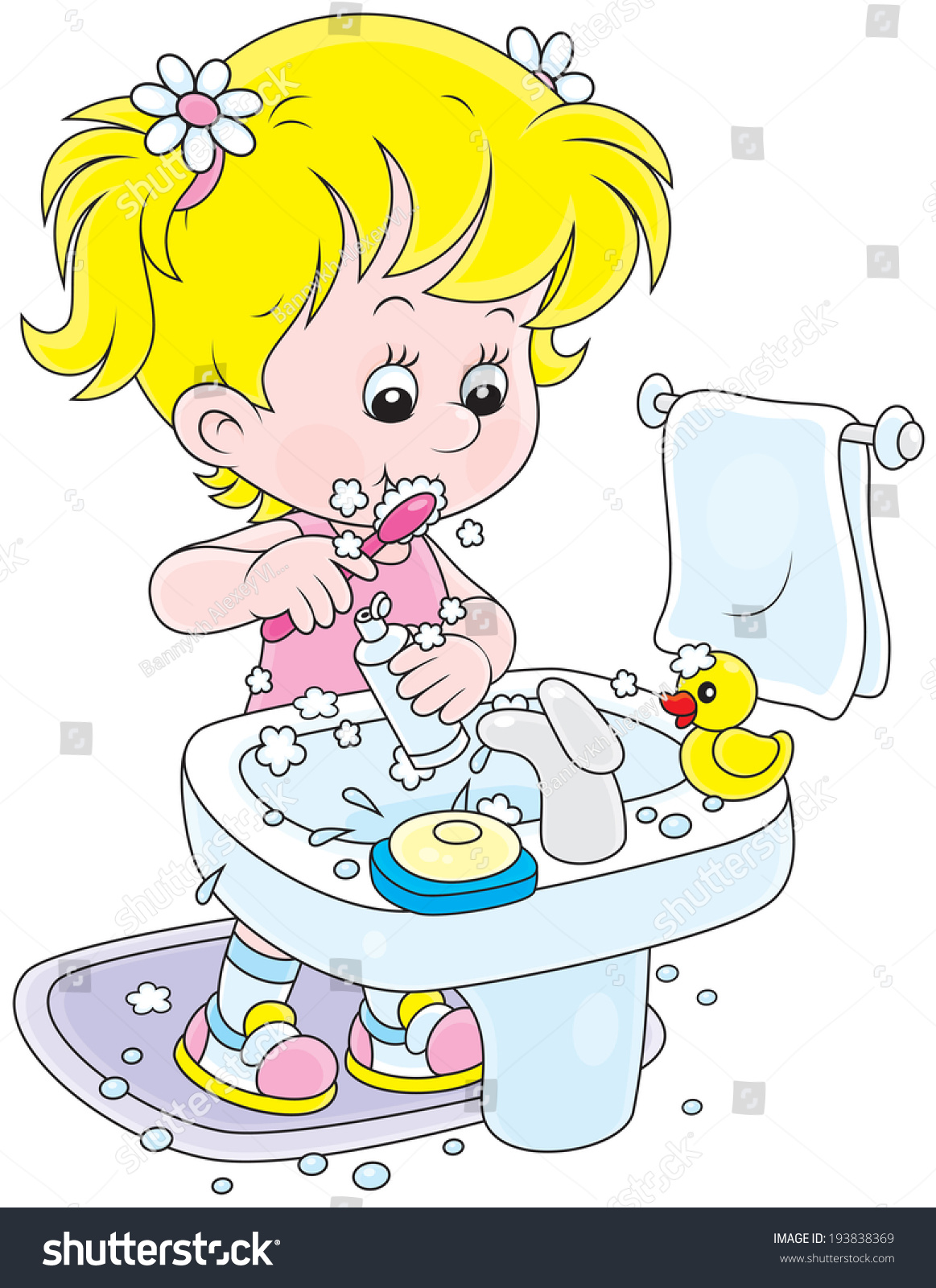Little Girl Cleaning Teeth In A Bathroom Stock Vector Illustration ...