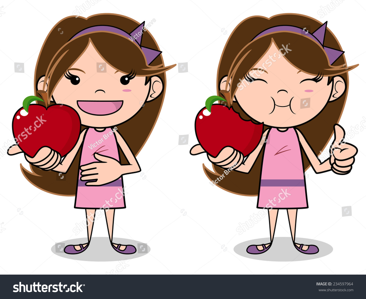 SVG of Little girl eating apple vector illustration isolated white background, thumbs up sign svg