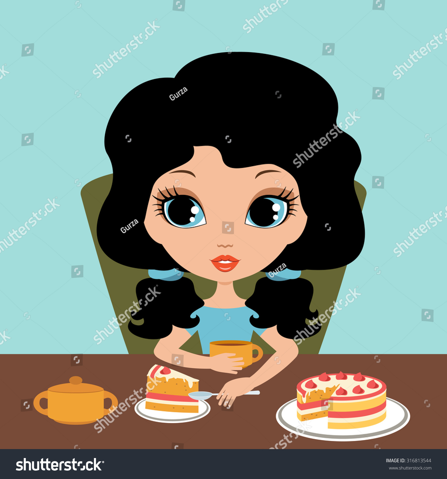 Little Girl Eats A Pie. Vector Illustration - 316813544 : Shutterstock