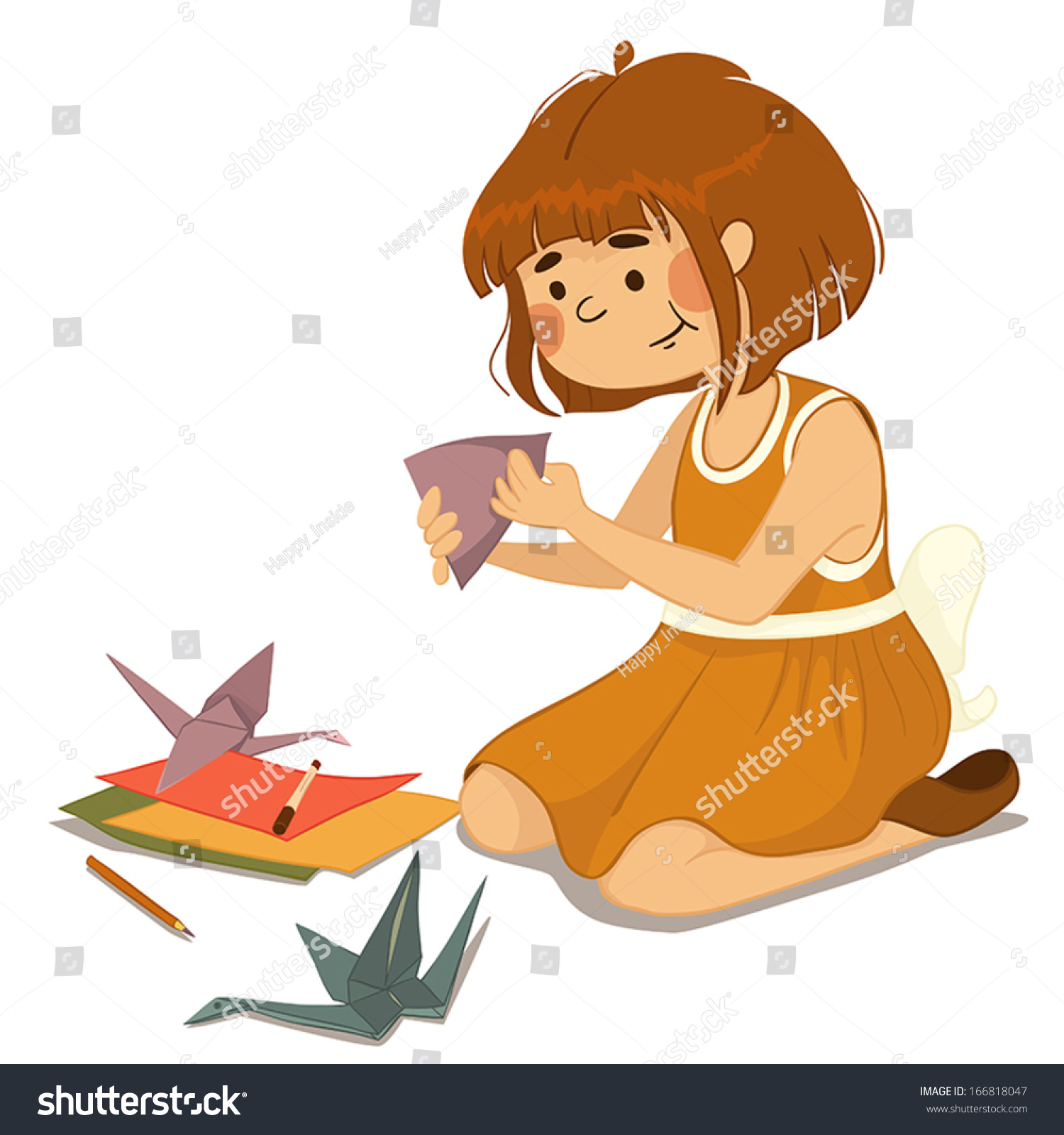 Little Girl Folds Origami Paper Crane Stock Vector (Royalty Free) 166818047