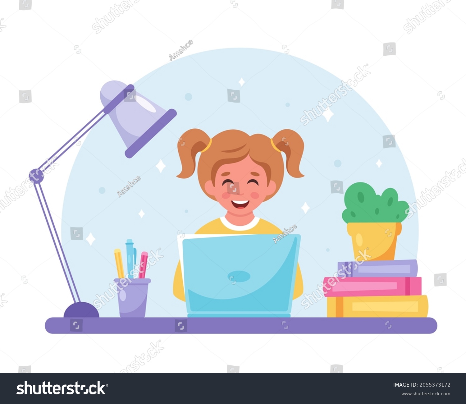 Little Girl Studying Computer Online Learning Stock Vector (Royalty ...