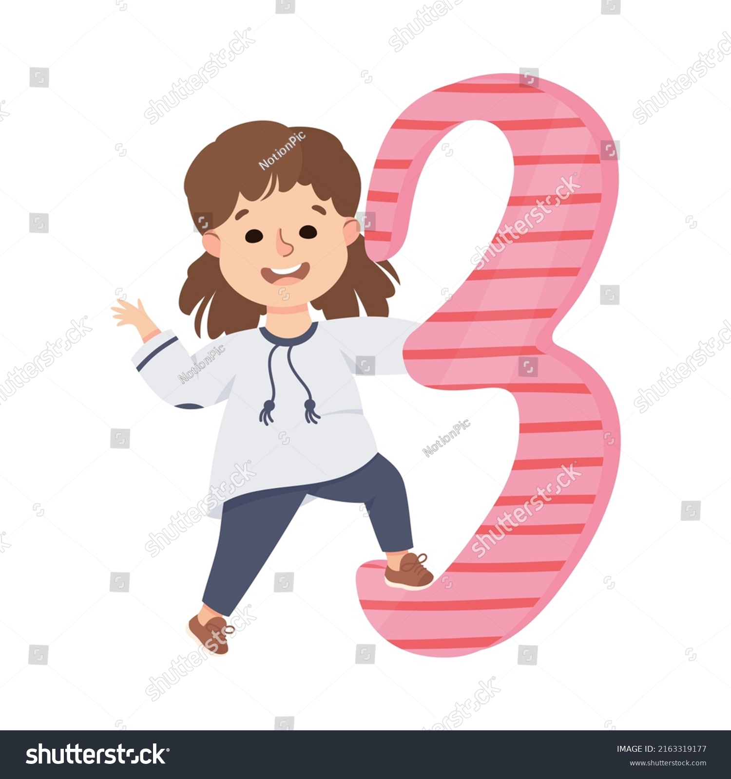 Little Girl Huge Number Three Numeral Stock Vector (Royalty Free ...