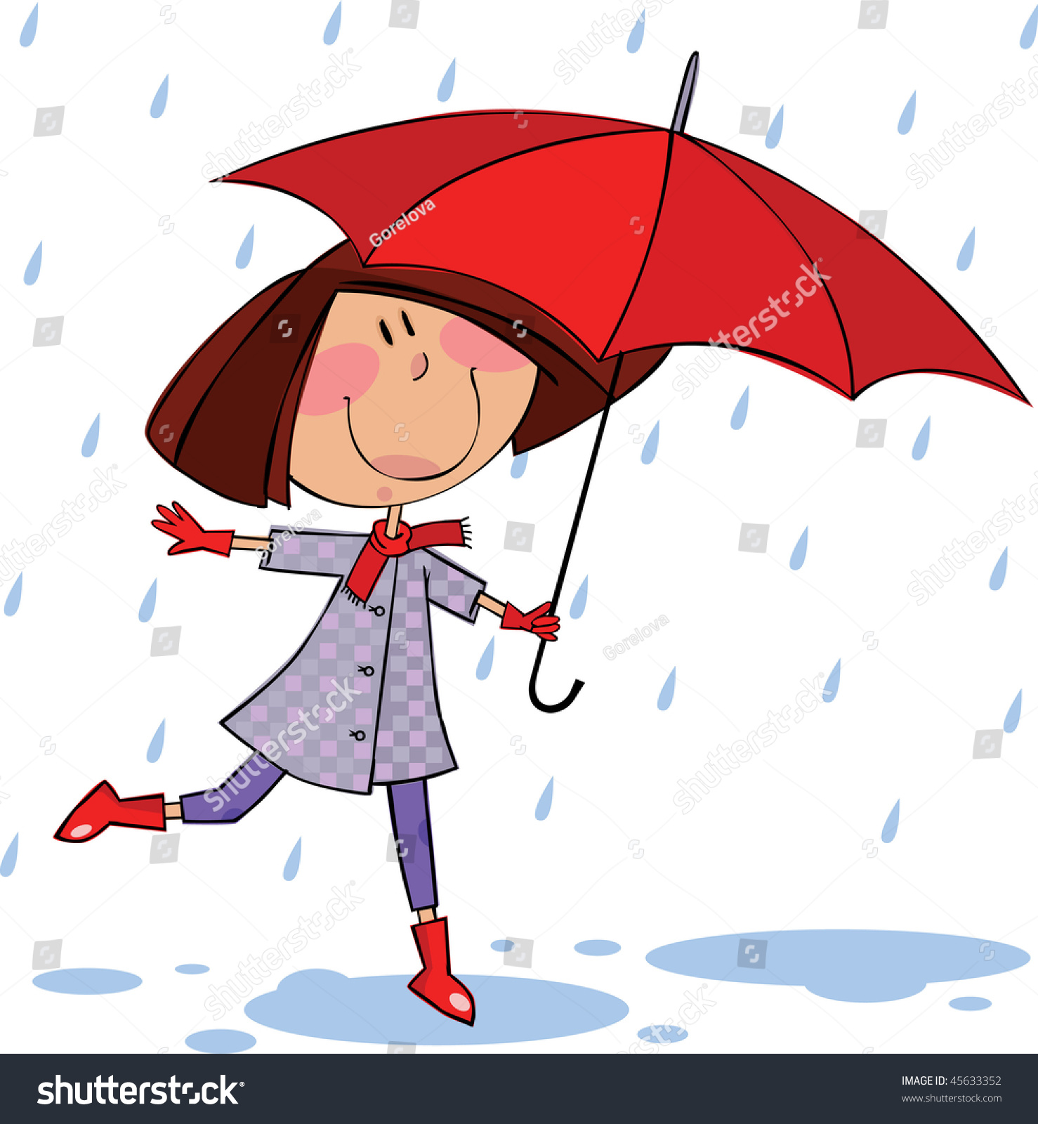 Little Girl Red Umbrella Walking Rain Stock Vector Royalty Free