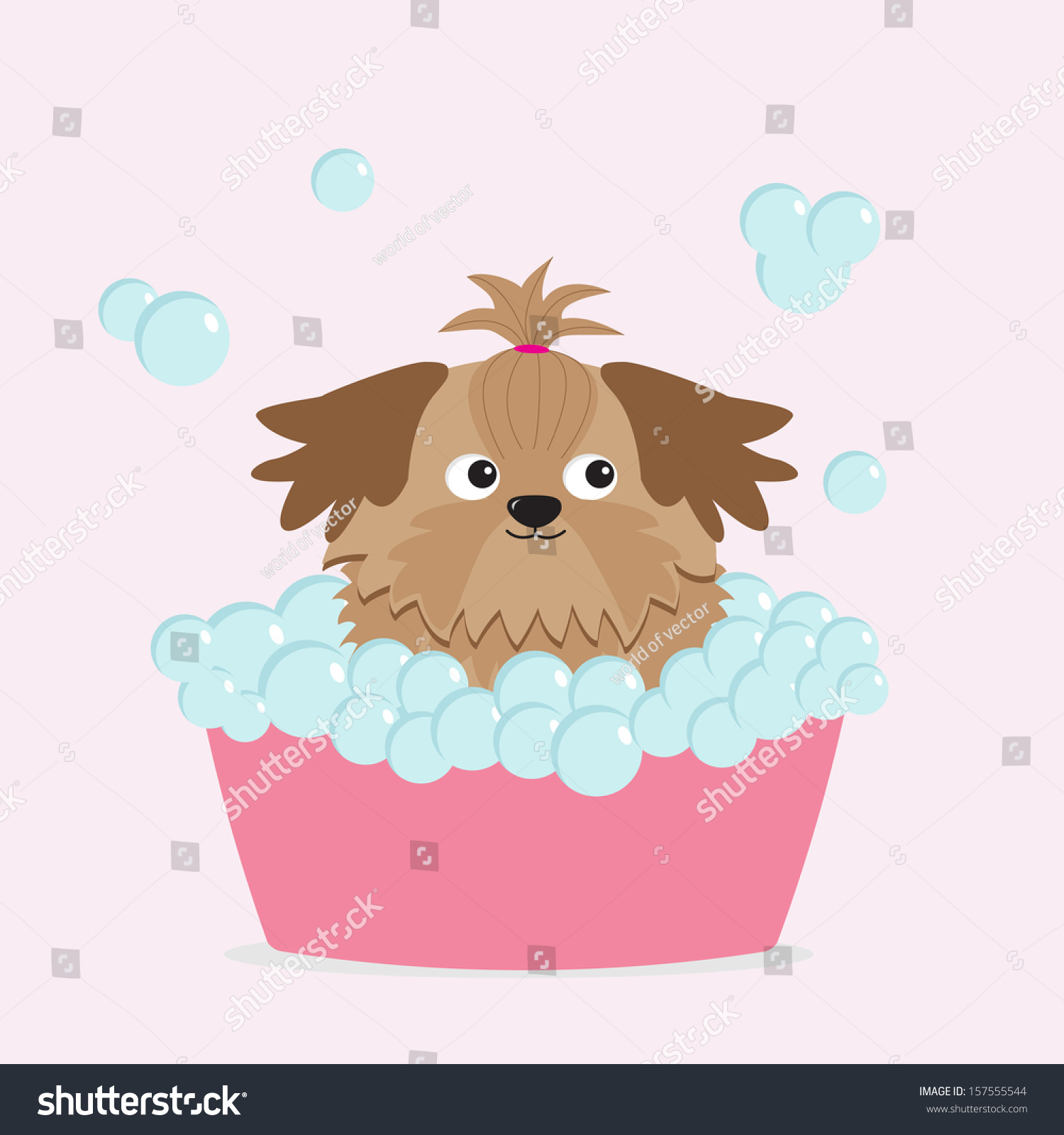 Little Glamour Tan Shih Tzu Dog Taking A Bubble Bath. Vector ...