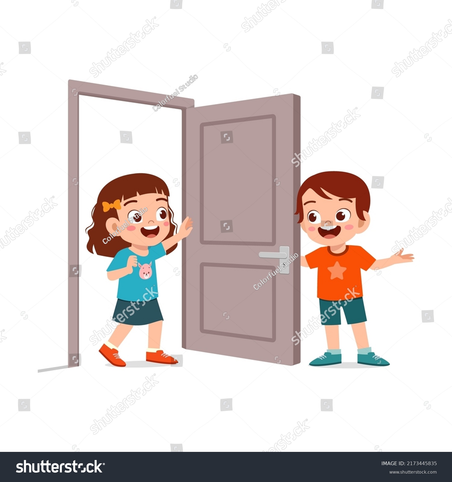 Little Kid Open Door Friend Stock Vector (Royalty Free) 2173445835 ...