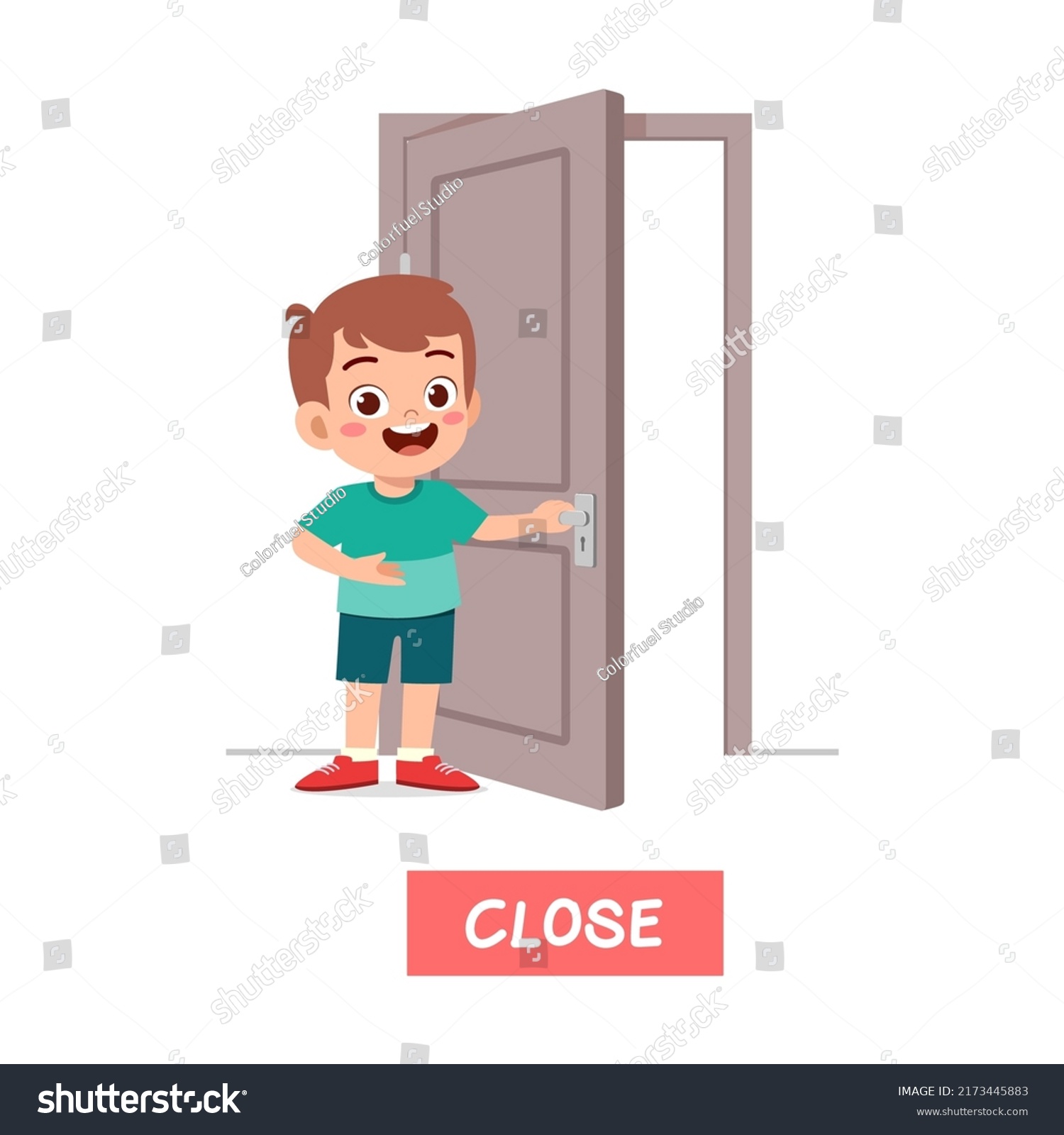 Little Kid Standing Holding Door Knob Stock Vector (Royalty Free ...