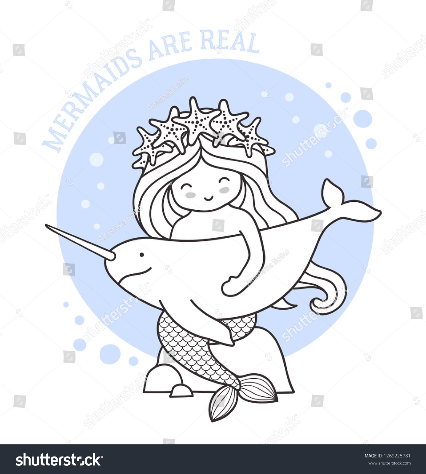 Little Mermaid Holding Narwhal Sitting On Image Vectorielle De Stock