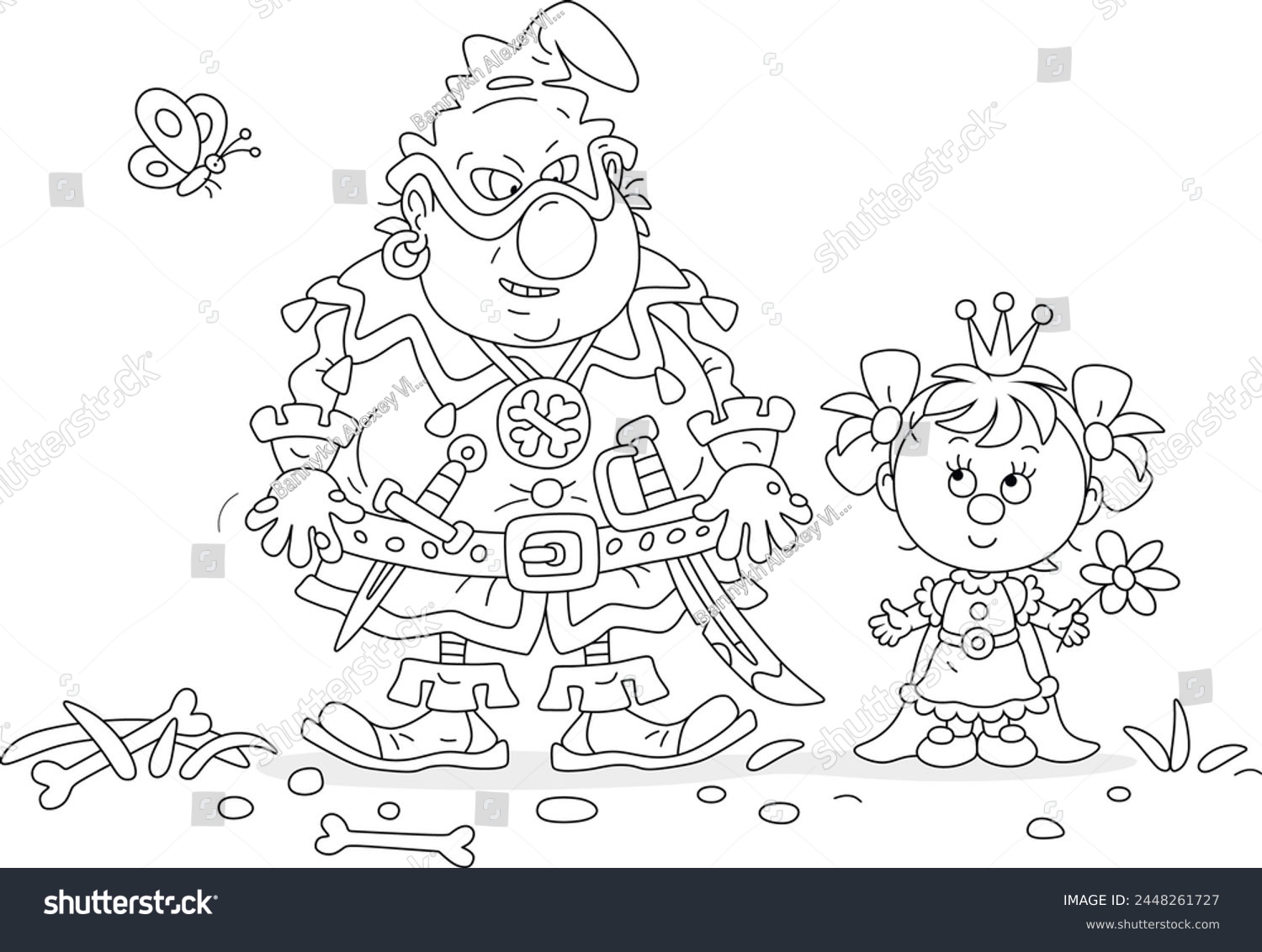 SVG of Little princess in a beautiful royal dress and a small royal gold crown talking to an angry cruel ogre on a summer lawn with a fluttering butterfly, black and white vector cartoon illustration svg
