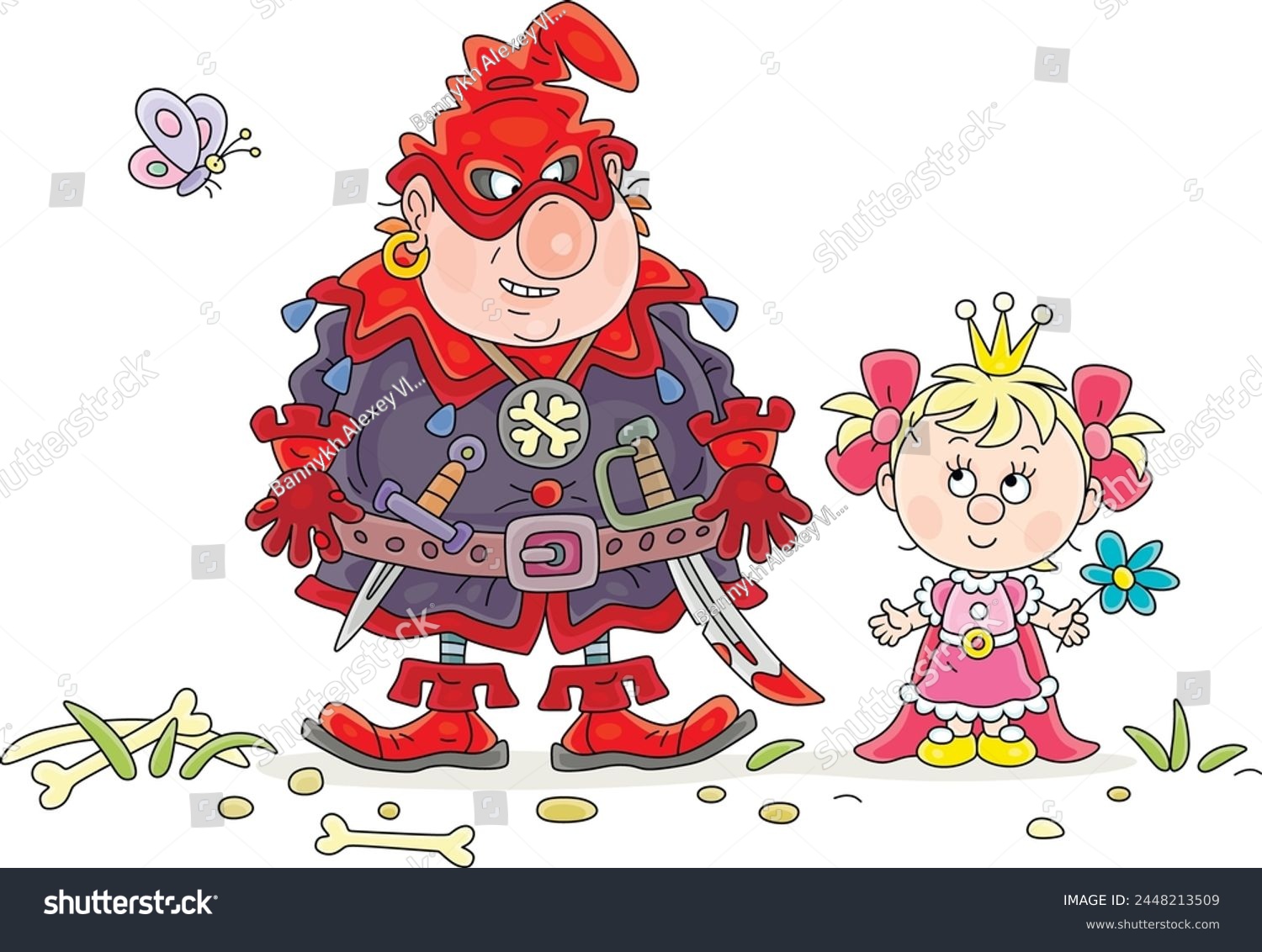 SVG of Little princess in a beautiful royal pink dress and a small royal gold crown talking to an angry cruel ogre on a summer lawn with a fluttering butterfly, vector cartoon illustration on white svg