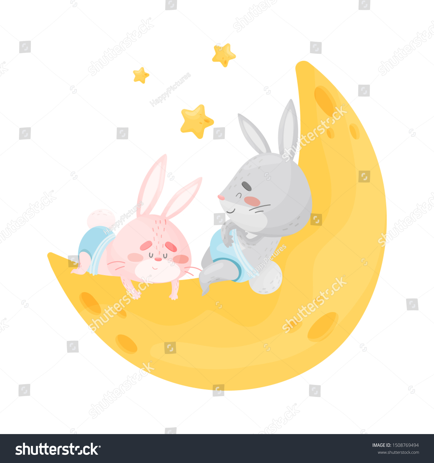 SVG of Little rabbits sleep on the moon. Vector illustration on a white background. svg