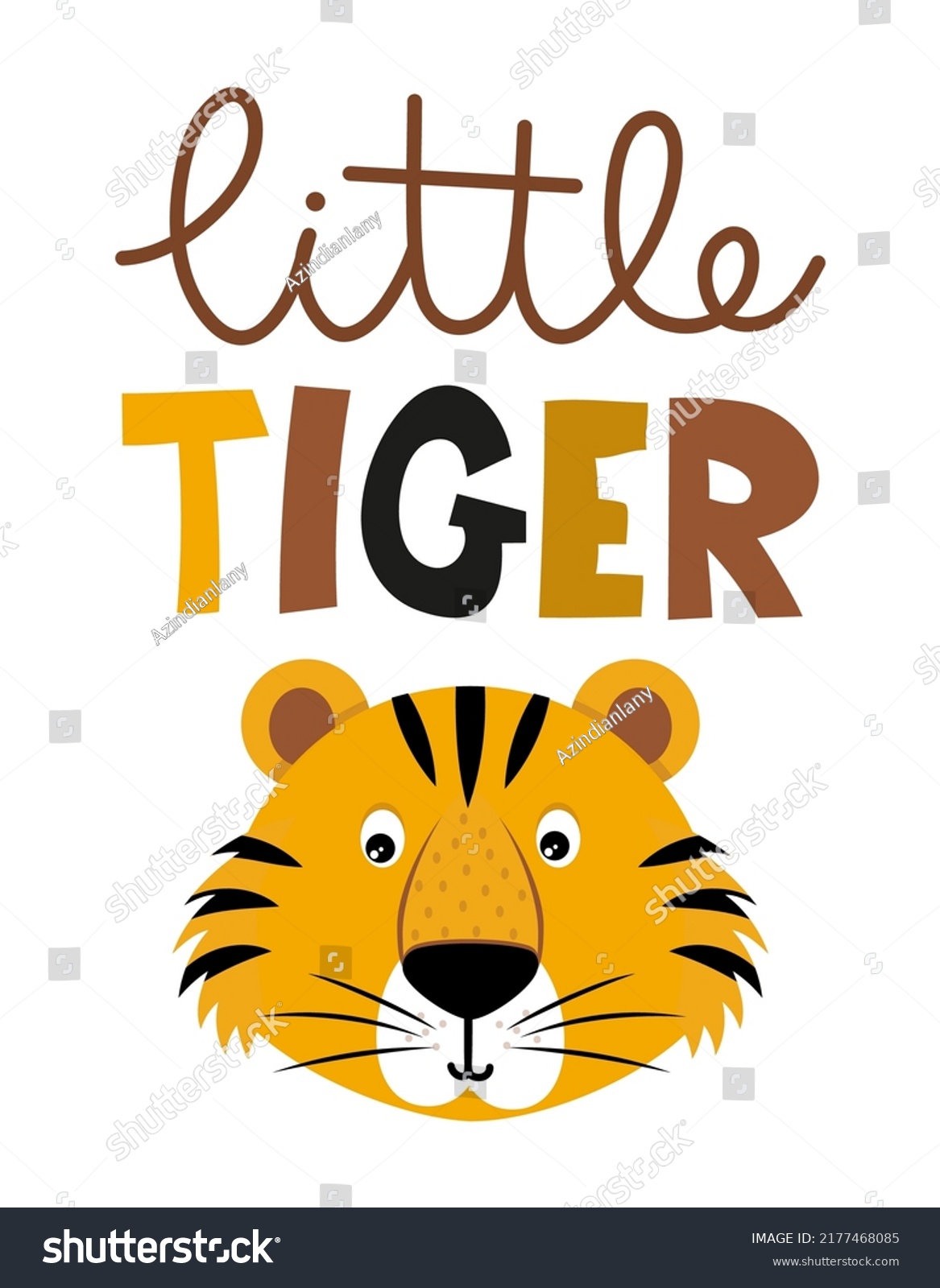 SVG of Little Tiger - funny Tiger character drawing. Lettering poster or t shirt textile graphic design.  Cute lion character illustration. Handwritten text. Scandinavian style svg