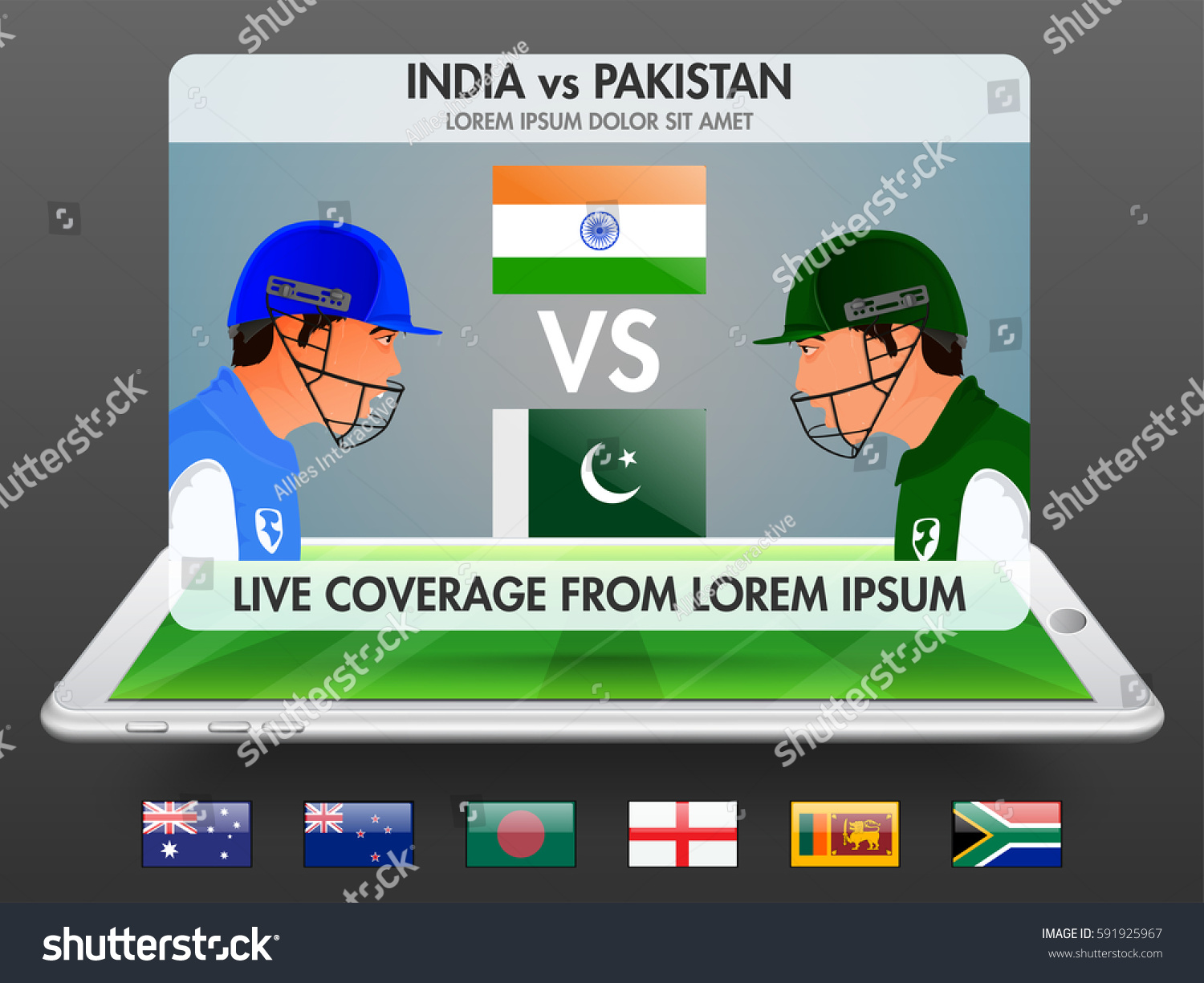 SVG of Live Cricket Telecast Promotion Banner or UI Screen with illustration of Participating Countries Flags or Batsmen. svg