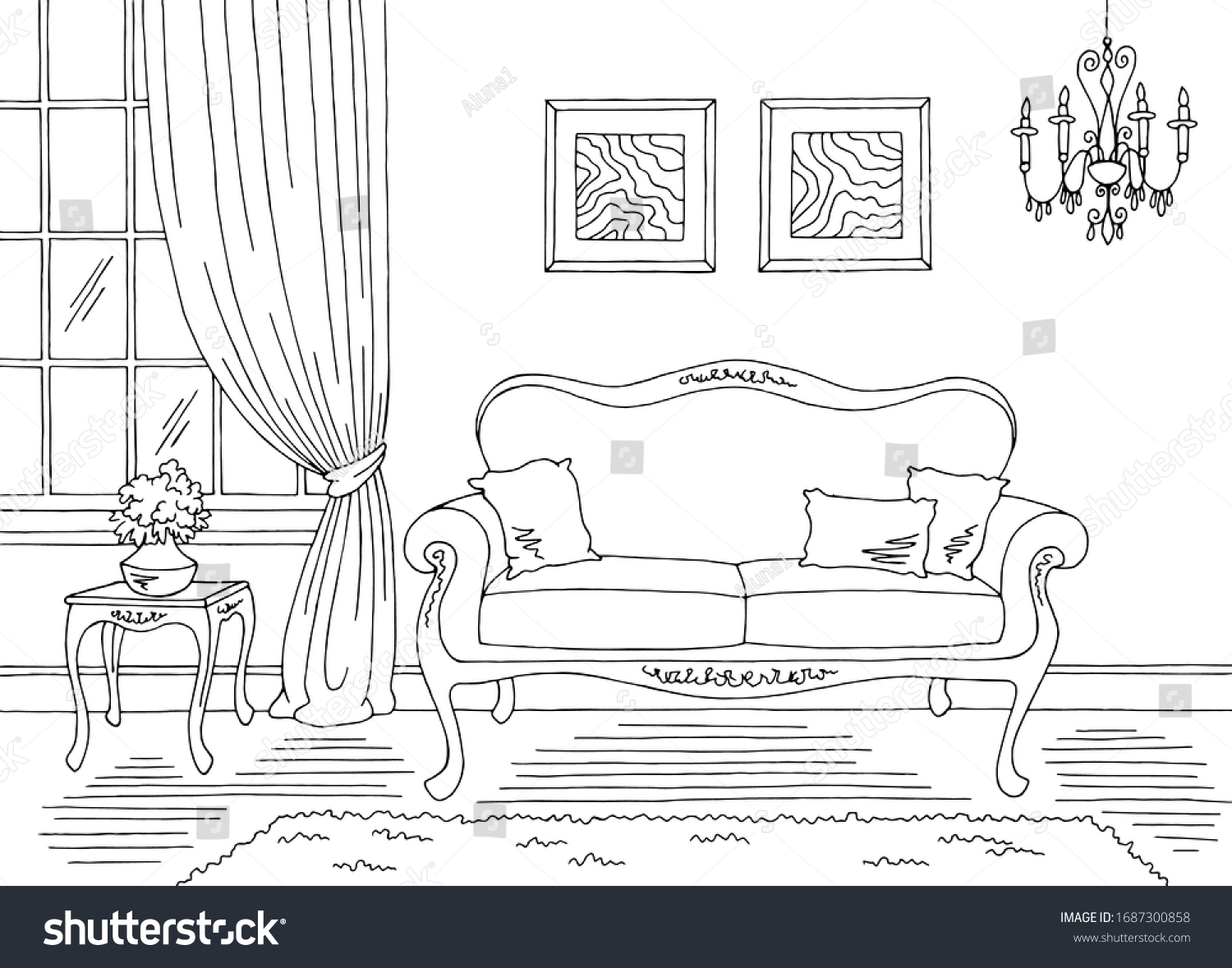 Living Room Graphic Black White Classic: เวกเตอร์สต็อก (ปลอดค่า