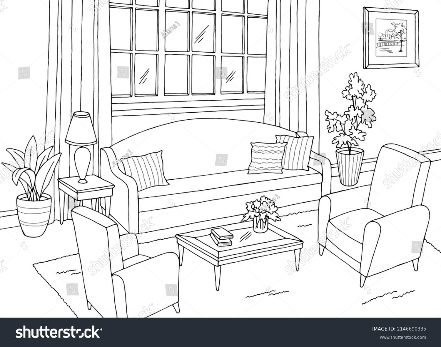 Living Room Graphic Black White Interior Stock Vector (Royalty Free