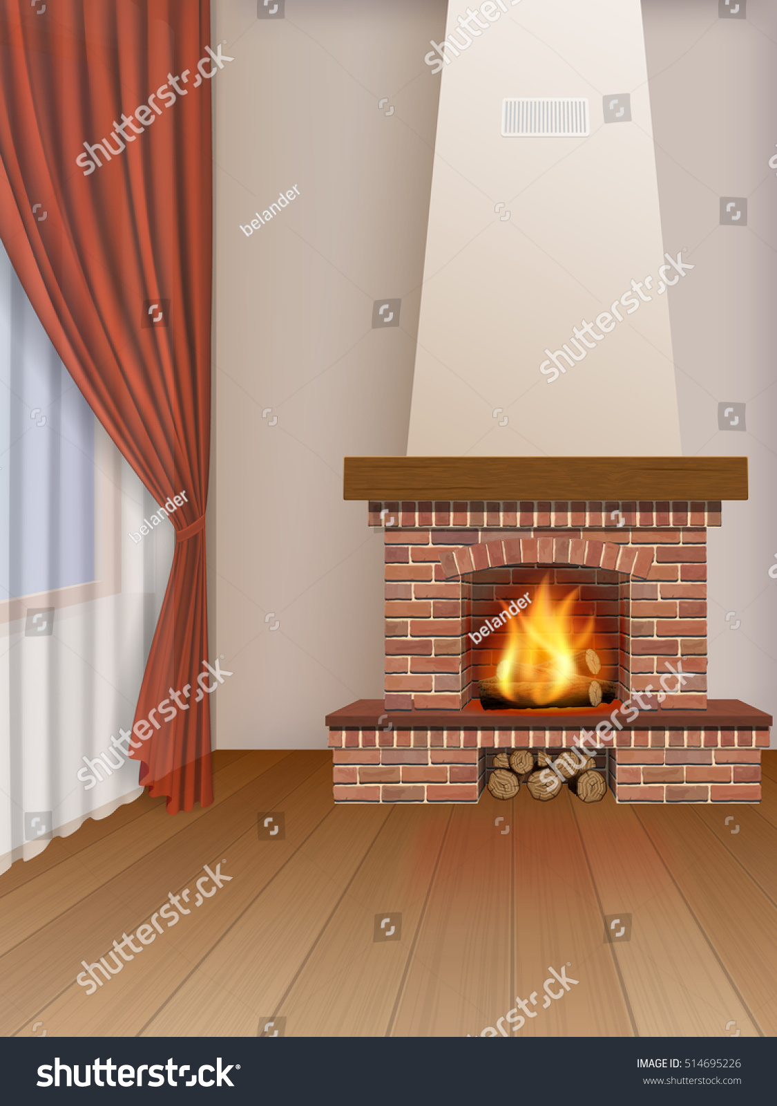 Living Room Interior Brick Fireplace Window Stock Vector