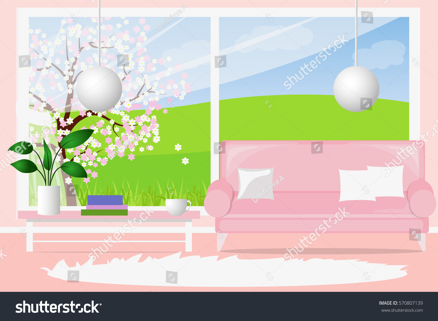 Living Room Large Window Lightflooded Cartoon Stock Vector Royalty Free 570807139
